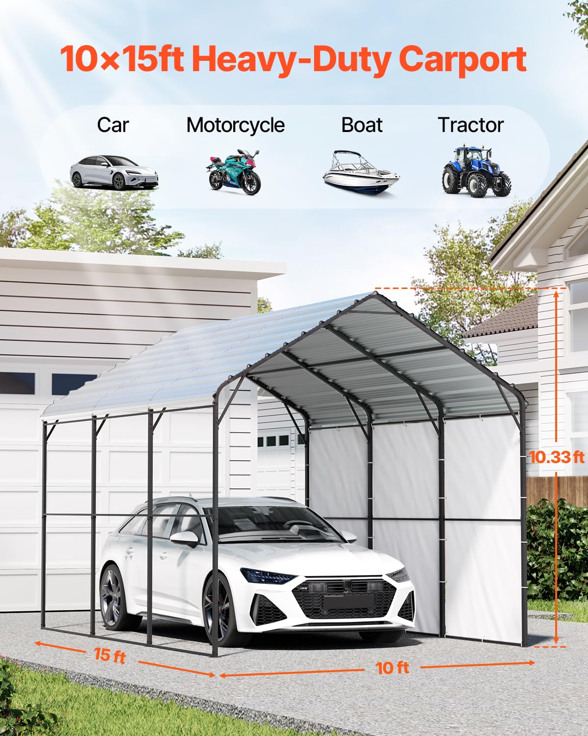 VEVOR Carport in Metallo per Impieghi Gravosi 3 x 4,5 x 3,15 m Tetto in Acciaio Zincato Tenda da Garage Pareti Laterali Rimovibili
