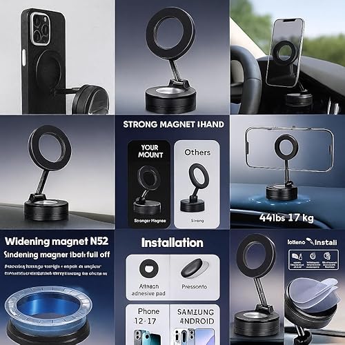 Miniatura 3 de Soporte de teléfono giratorio de 360 grados, base magnética de succión al vacío, soporte ajustable de tres ejes, negro