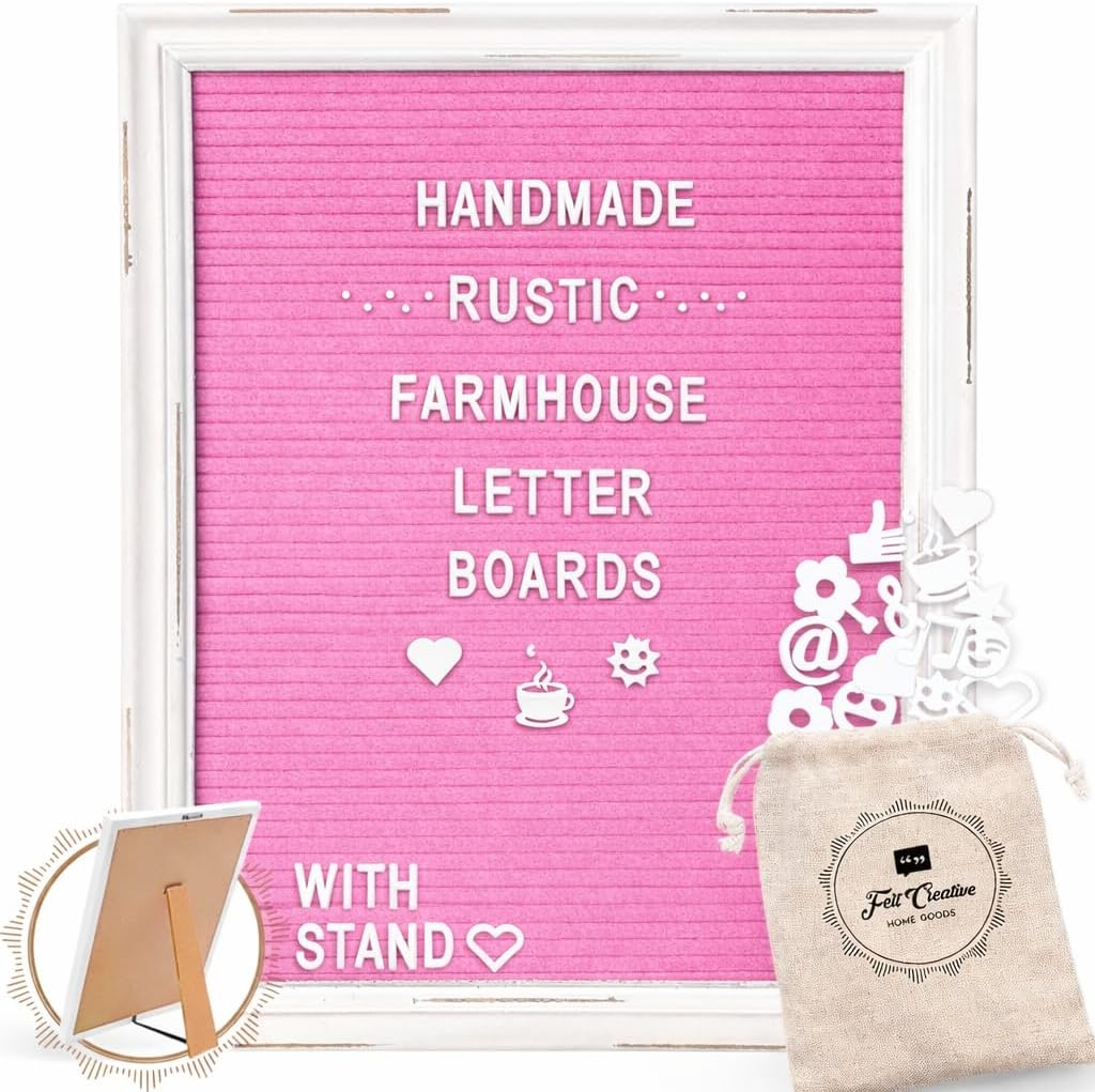 Pink Felt Letter Board Baby Announcement Sign with Rustic Wood White Frame - Rustic Farmhouse Letter Board Sign with Stand - 12x16 Felt Board Changeable Message Board with 350 Letter Set