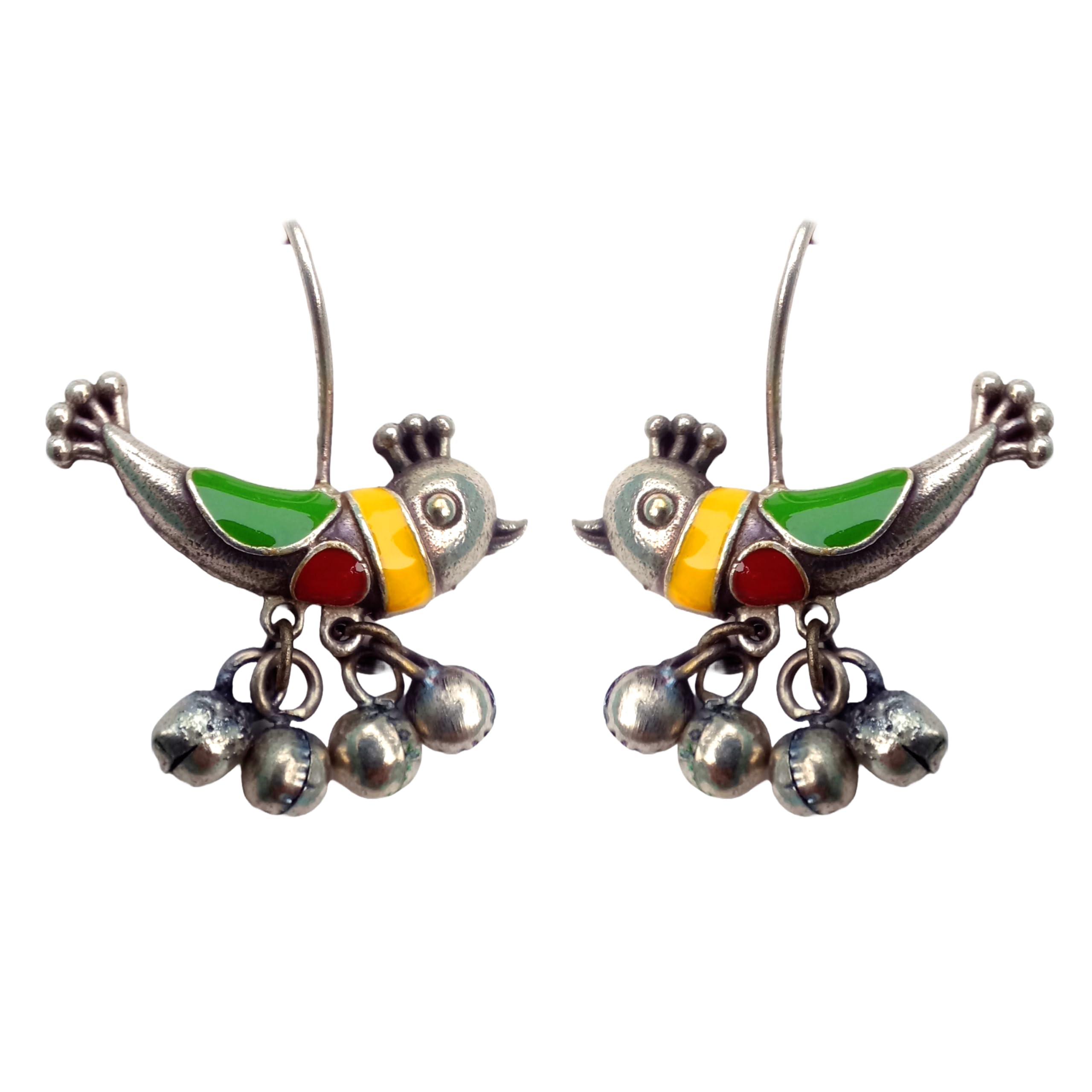 Multi Colour Small Bird Design German-Silver Oxidized Hook Earring for Women & Girls | Traditional Ethnic Jhumka Style Earrings BIRD-HOOK-image-24