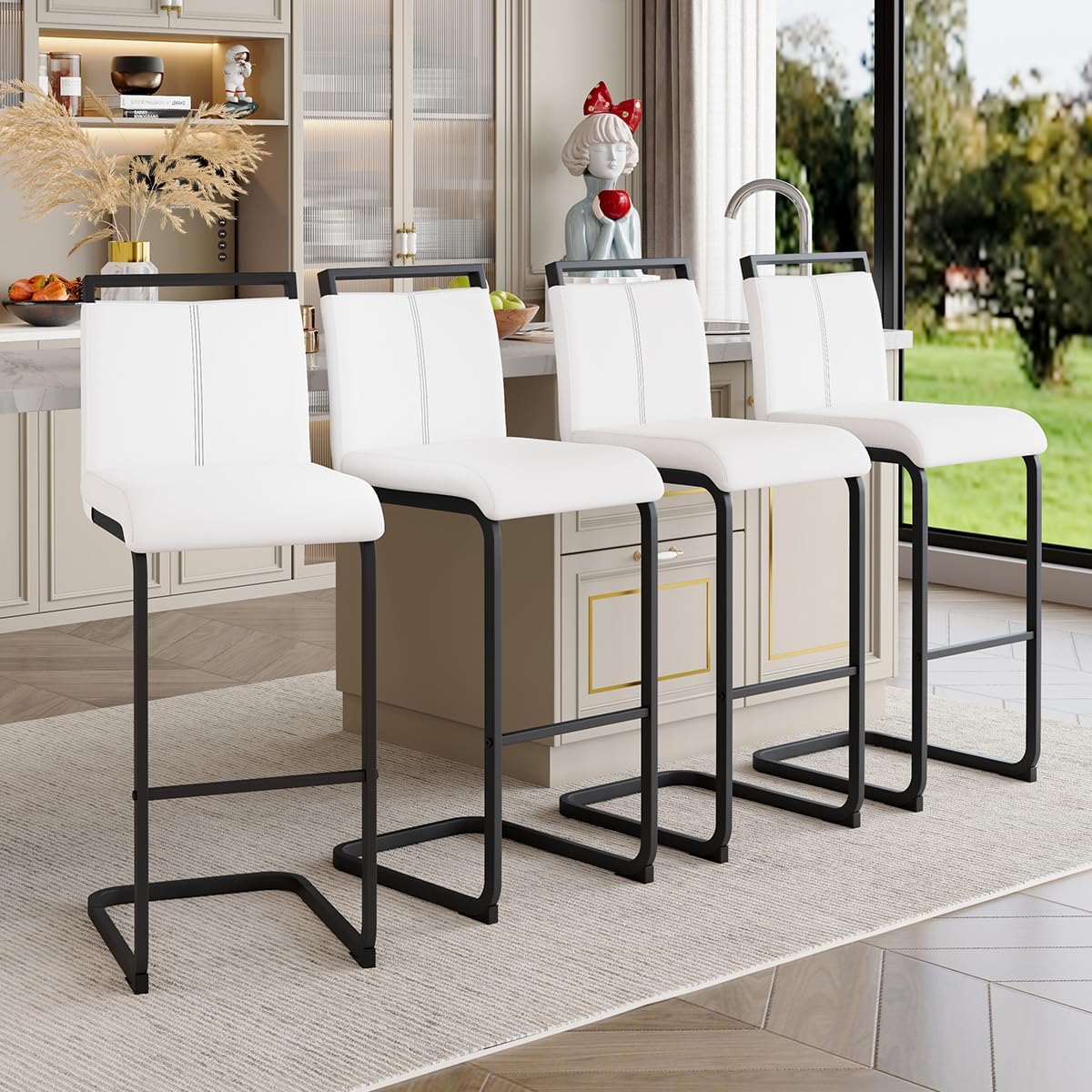Counter Height Bar Stools Set of 4,30'' Bar Stools for Kitchen Island,White Barstools with Back,Metal Barstools with Black Painted Metal Leg,Counter Height Chairs for Pub Kitchen Counter