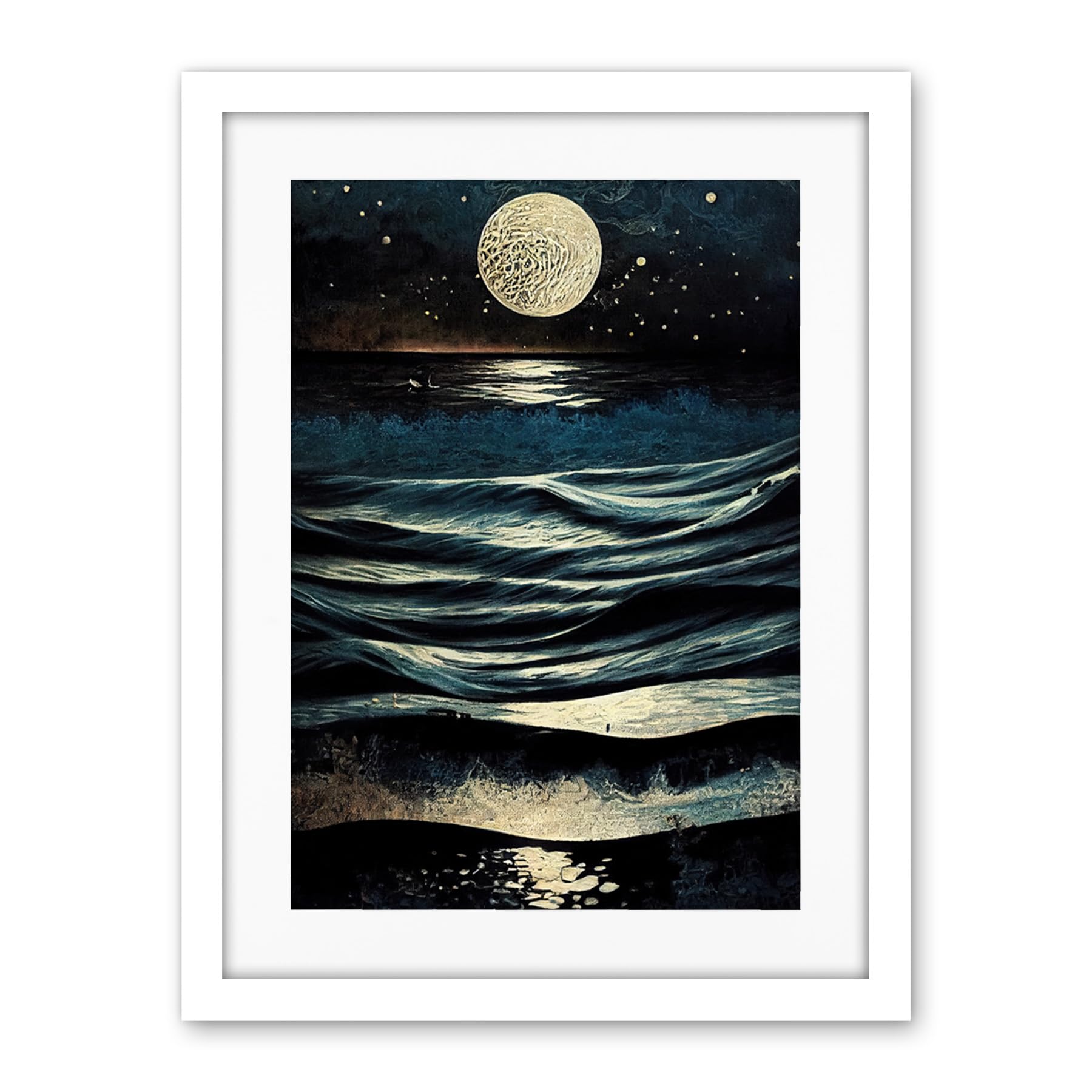 Artery8 Full Moon Rising Over Clear Night Sky Tidal Waves Artwork Framed Wall Art Print 18X24 Inch