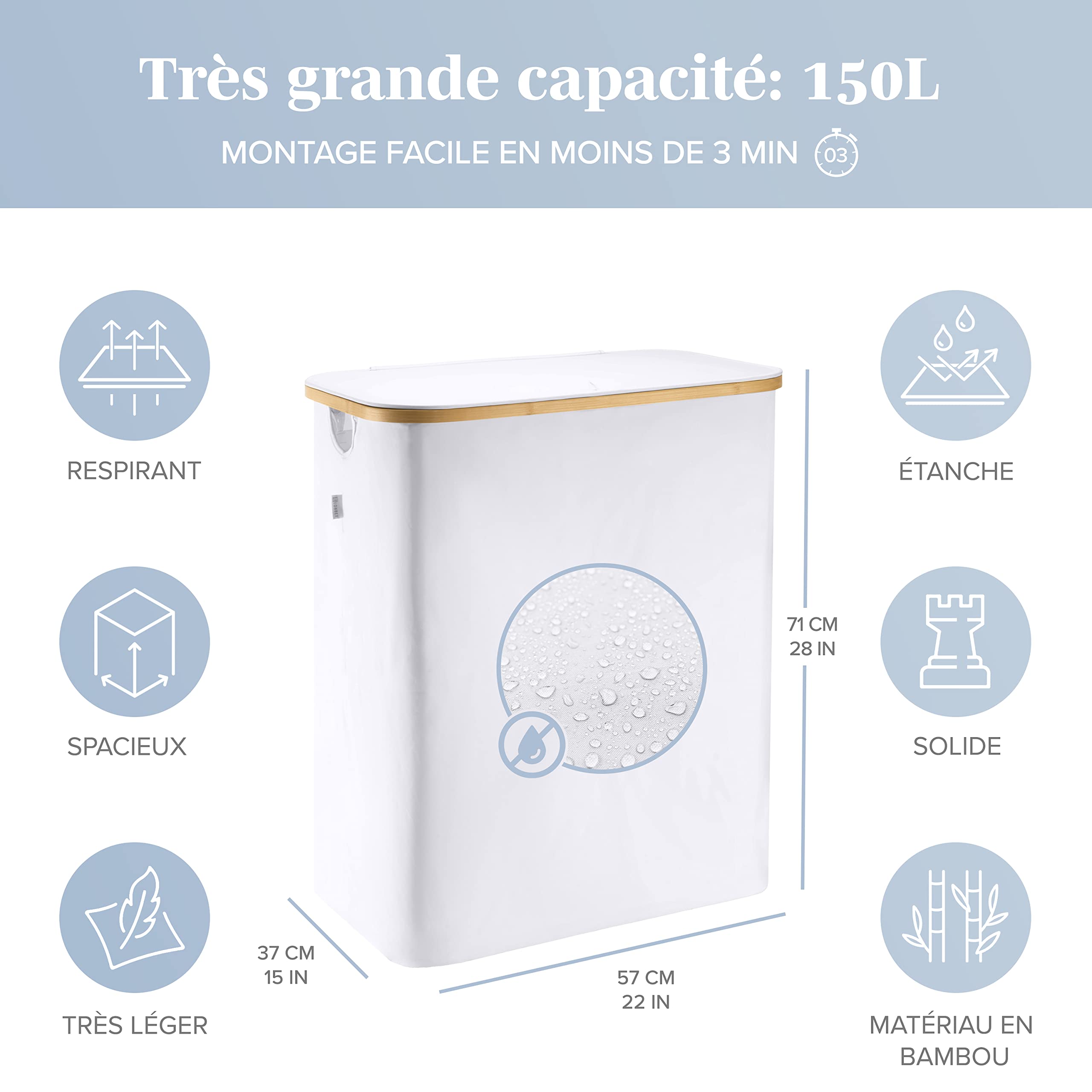 LONBET 150L Panier a Linge 2 Compartiment avec Couvercle et Cadre Bambou Robuste - Esthétique avec Poignées Latérales, Tissu Respirant - Sac Amovible Gris Clair