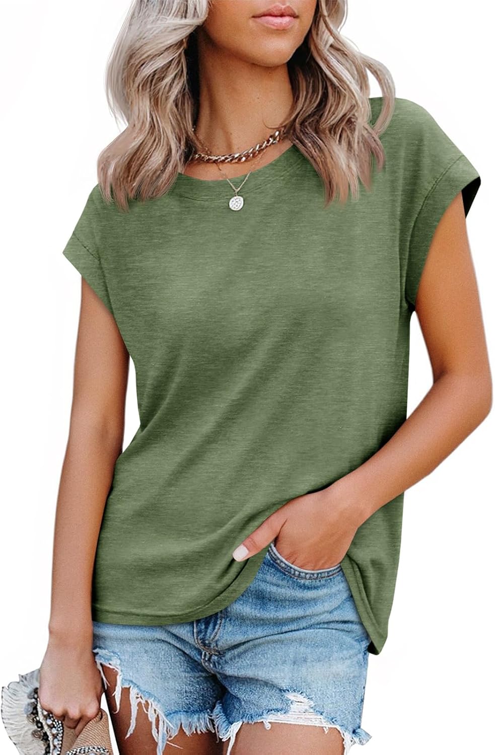 Tankaneo Womens Short Cap Sleeve Tops Crew Neck Loose Fit T Shirt Basic Casual Sleeveless Tee Shirts