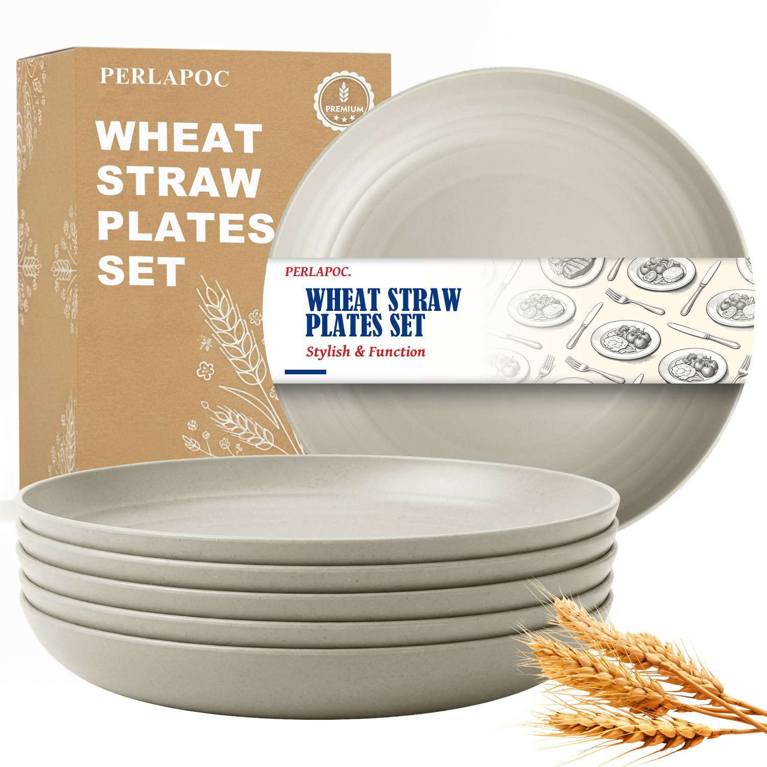 Wheat Straw Camp Plates Set of 6,10In Deep Dinner Plates,LightGrey