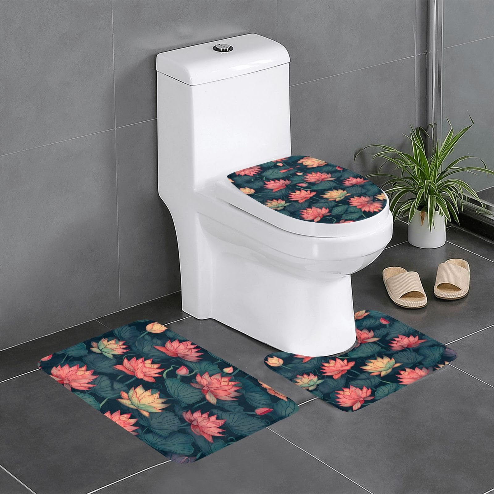 Tapis de bain antidérapants motif floral lotus bohème 61x40cm lavables pour WC et lavabo