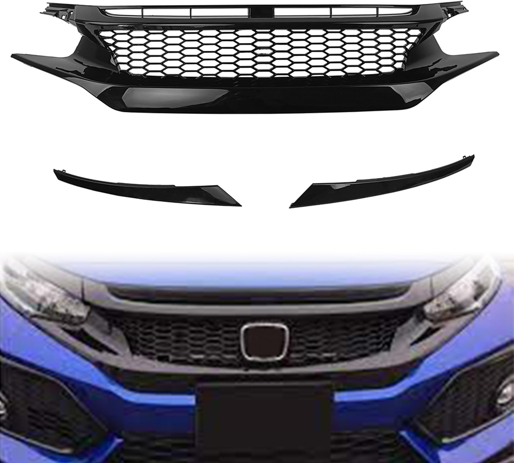 PartsFlow Front Bumper Grille Honeycomb Mesh Grill Glossy Black For 2016 2017 2018 2019 2020 2021 Honda Civic