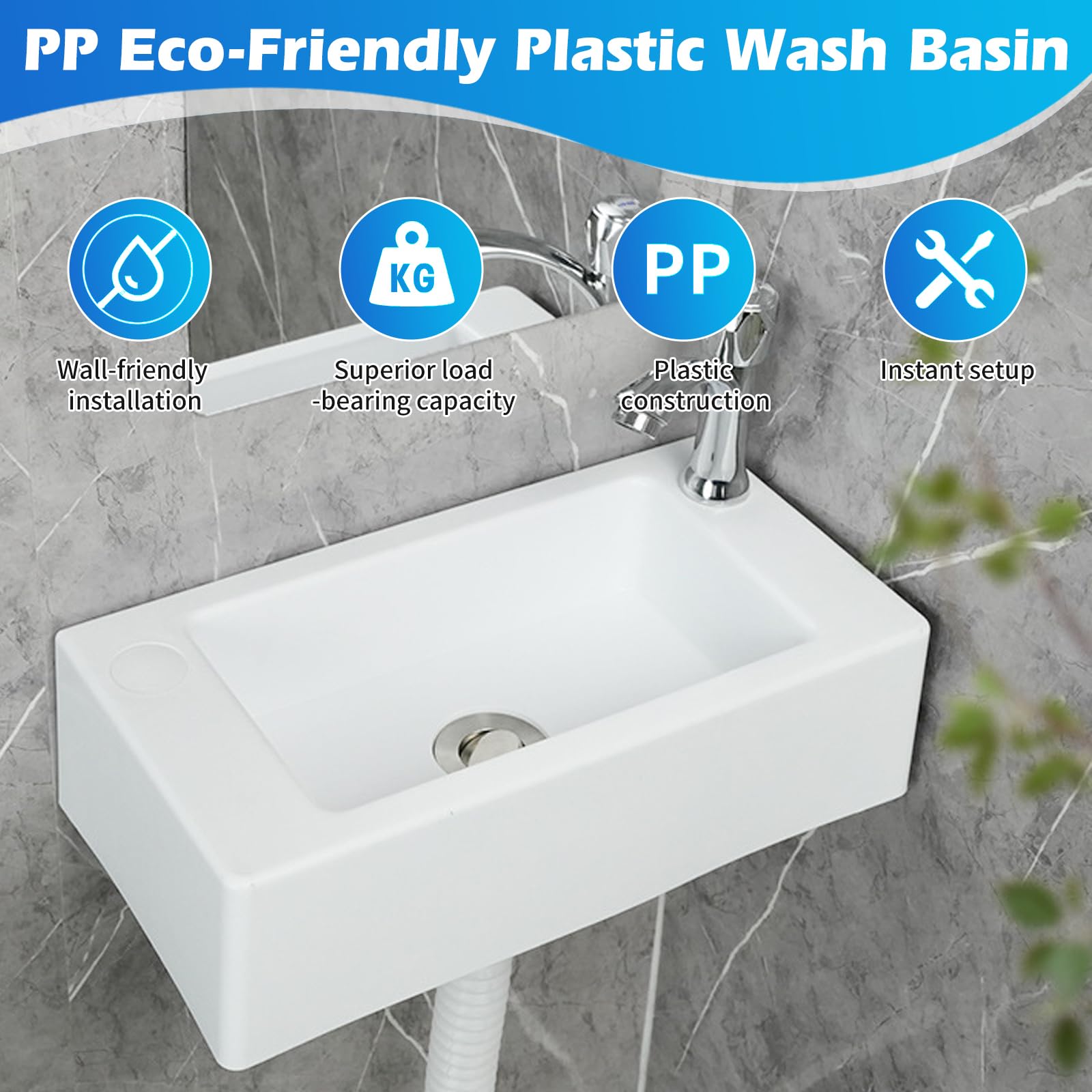 Lavabo de plástico, lavabo de vertido, lavabo para lavarse las manos, lavabo sencillo de plástico con manguera, tapón de desagüe para jardín, garaje, sótano, autocaravana (blanco, 40 x 20 cm)