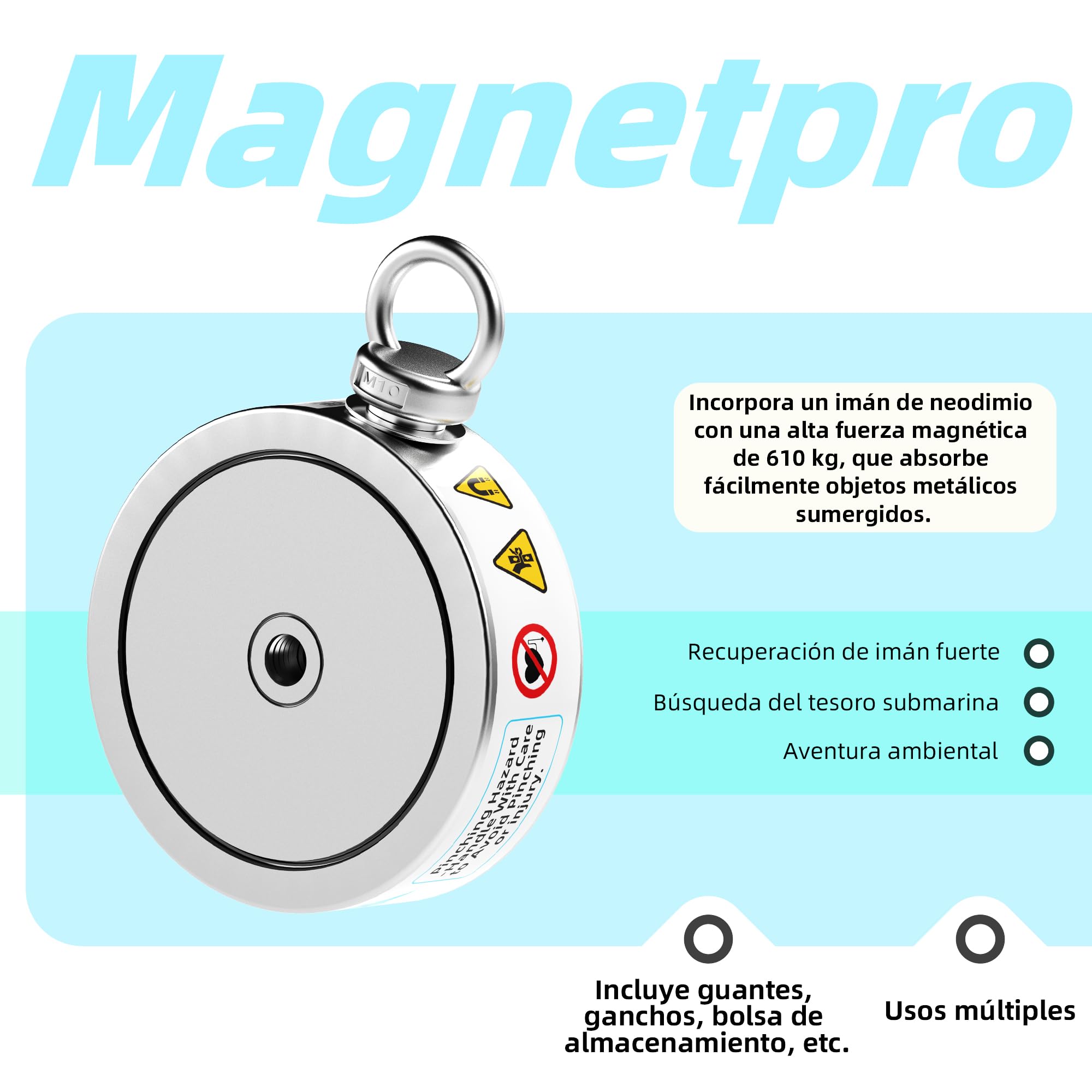 Magnetpro Juego de Imanes de Recuperación 1220 kg, Imán de Pesca Doble Cara, Neodimio, Cuerda 20m, Mosquetón, Guantes, Gancho, Bolsa