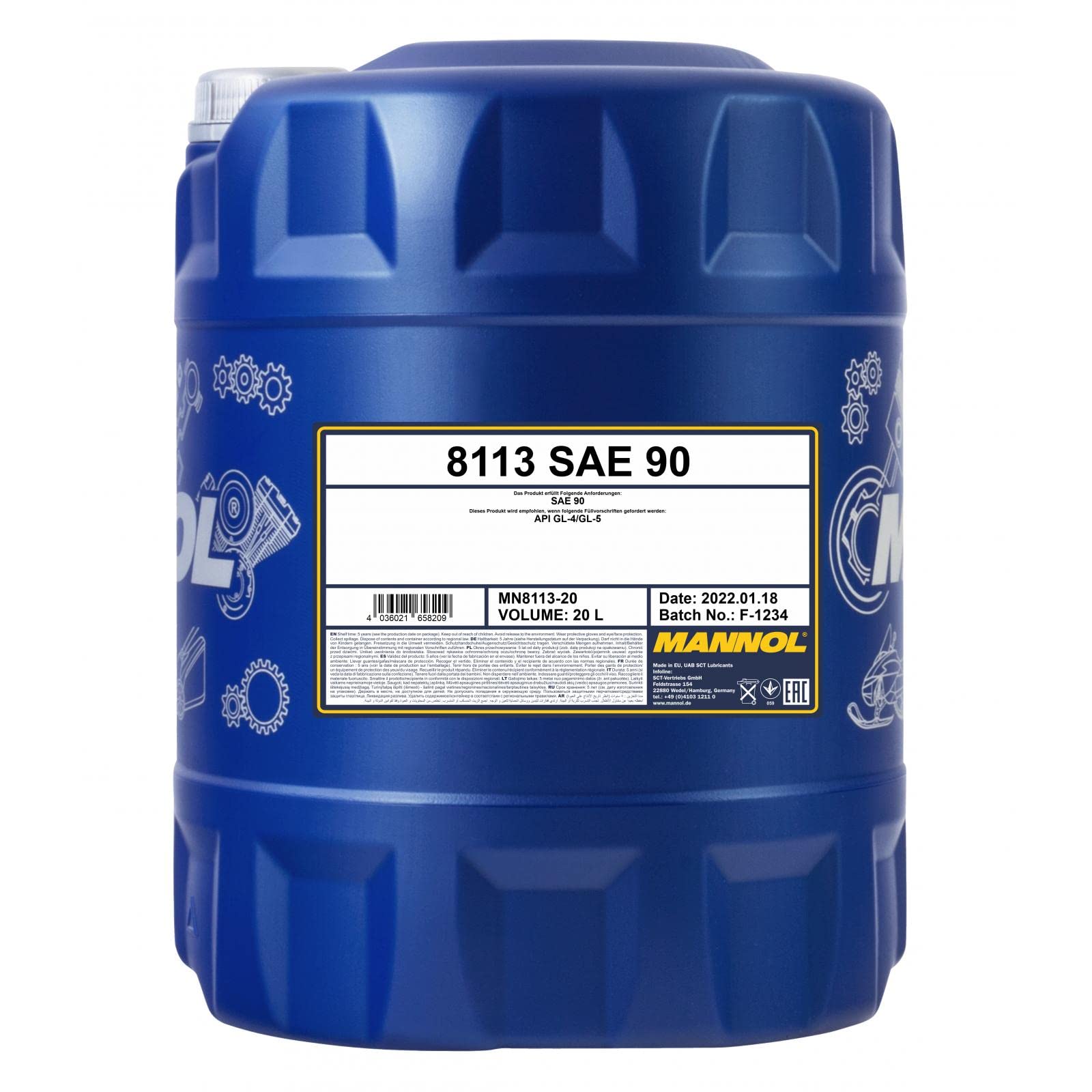 MANNOL 8113 Getriebeöl SAE 90 mineralisch für milde Bedingungen, 20L | Einfaches Getriebeöl auf Mineralölbasis, für Schaltgetriebe und Achsantriebe bei geringer Belastung