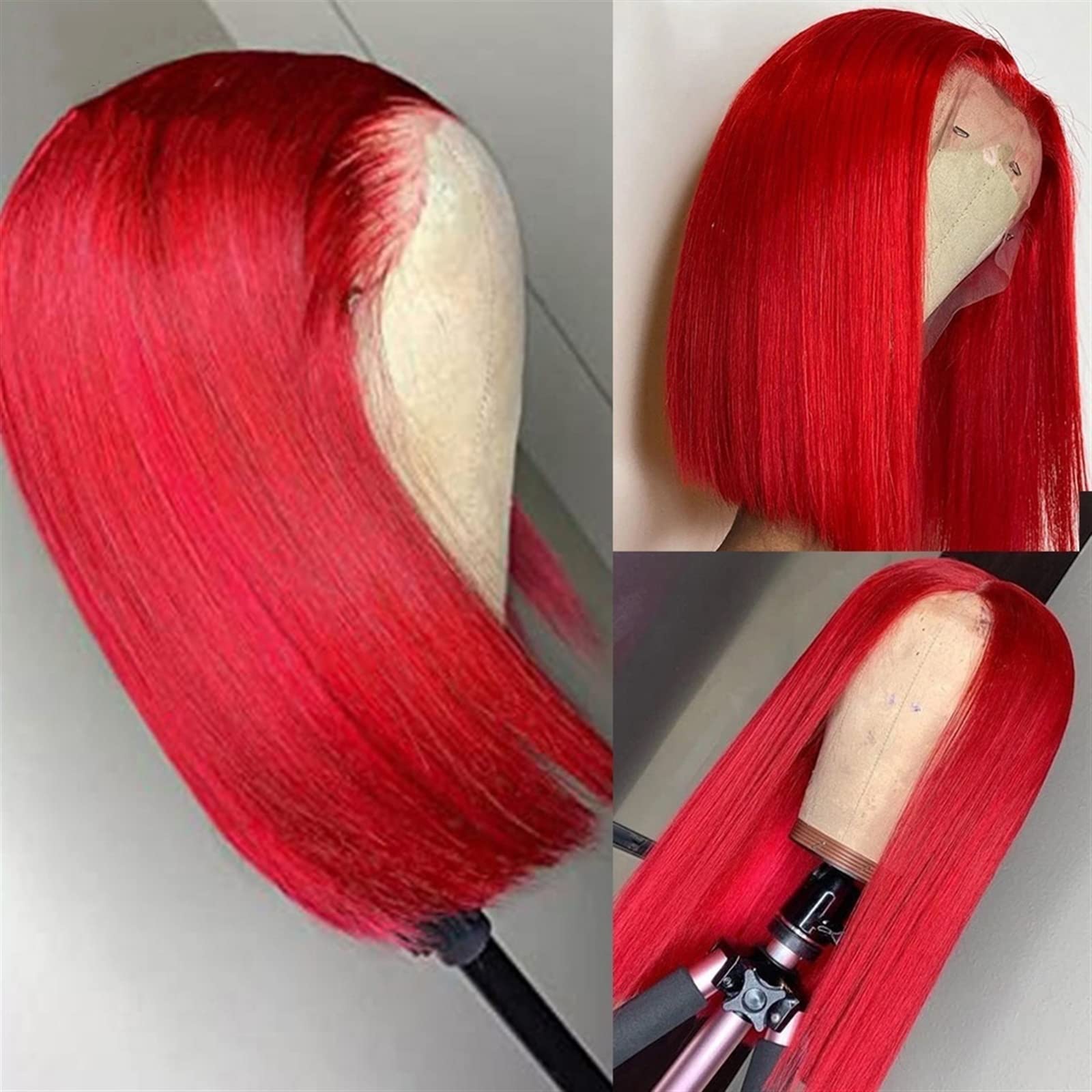 Perruque Courte Synthétique Rouge Lisse - Femme, Neuf Avec 4 Bonnets Offerts !