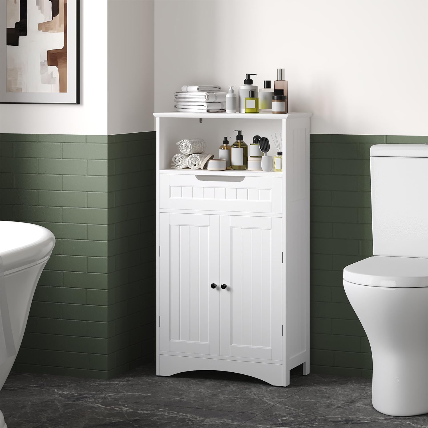Mueble de baño, Mueble de baño con 1 Estante Abierto, 1 cajón y 1 Estante Ajustable, para baño, salón, Comedor, 60 x 30 x 170 cm (Blanco)