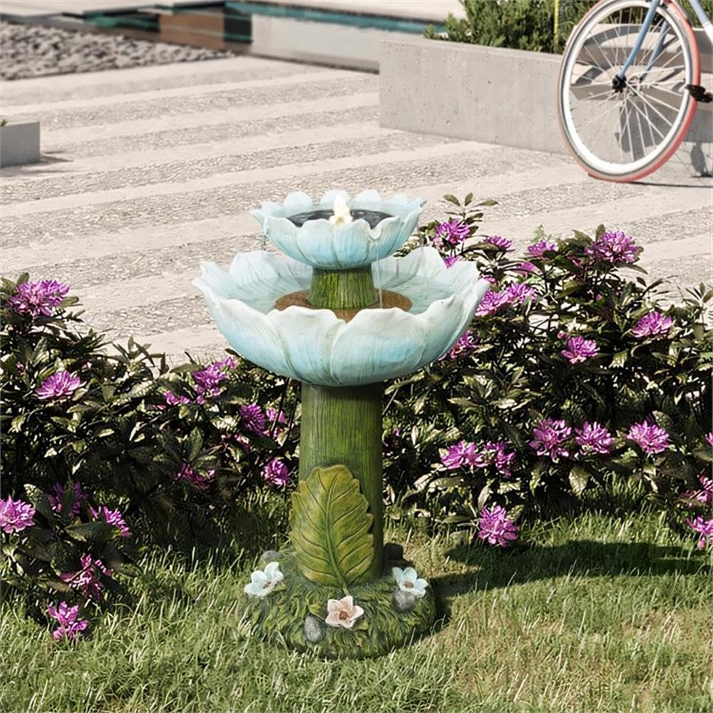 LuxenHome Solar Power Bird Bath Fountain, Lotus Flower Outdoor Water Fountains with LED Lights, Birdbath Waterfall Fountain Outdoor and Indoor Garden Sculpture Decor for Yard, Blue