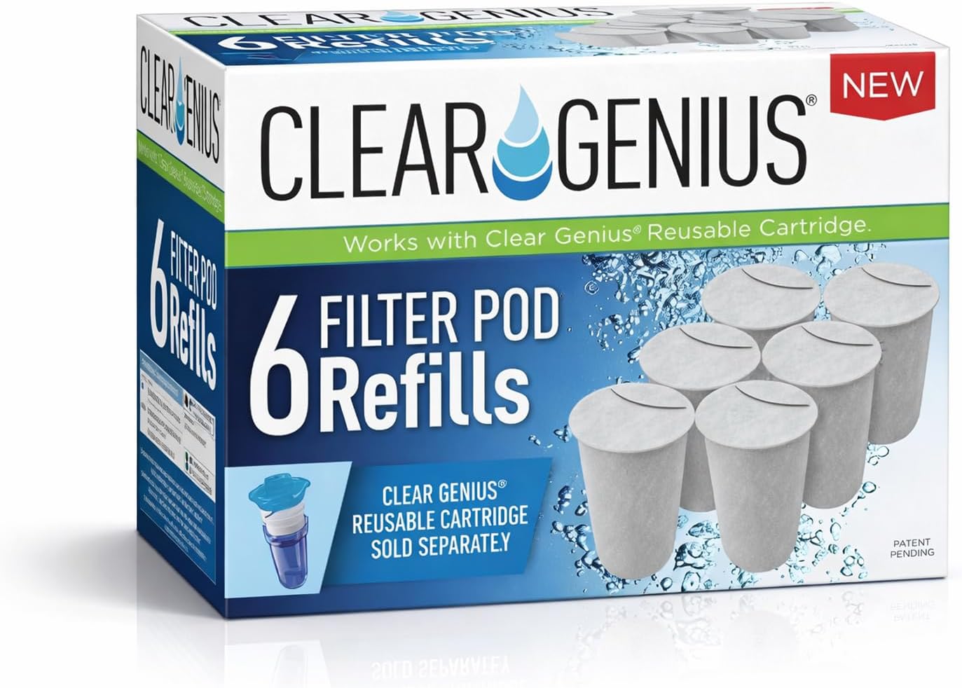 Filter Pod Refills Water Filter Refill Compatible with Clear Genius Reusable Cartridge | Long-Lasting Water Filter Replacement | Each Pod Filters 40 Gallons, BPA-Free (Pack of 6)