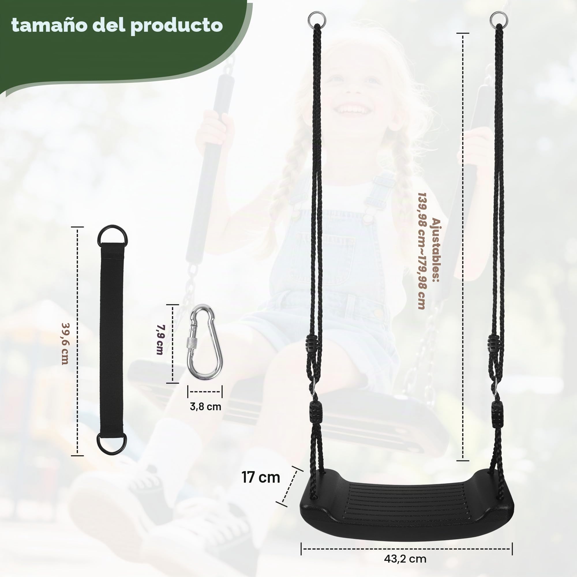 Columpio infantil, Asiento columpio para exterior e interior, con 2 cuerdas para colgar y 2 mosquetones, altura regulable, tablero de plástico antideslizante, apto para niños mayores de 3 años (Negro)