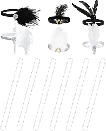Seematn 18 Pcs Flapper Accessories Flapper Headband Feather Headpiece for Women, Pearl Bead Necklaces Black, White