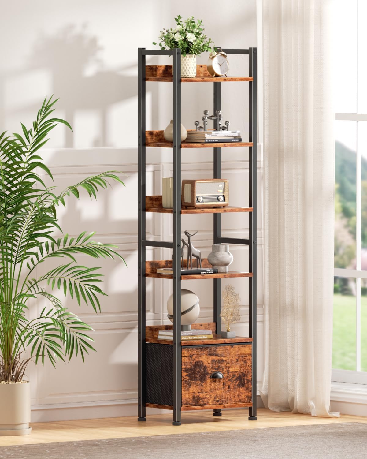 Furologee 6 Tier Bookshelf, Tall Shelf with Drawer, Wood and Metal Bookshelves Storage Organizer, Industrial Display Shelving Unit for Bedroom, Living Room, Home Office, Rustic Brown