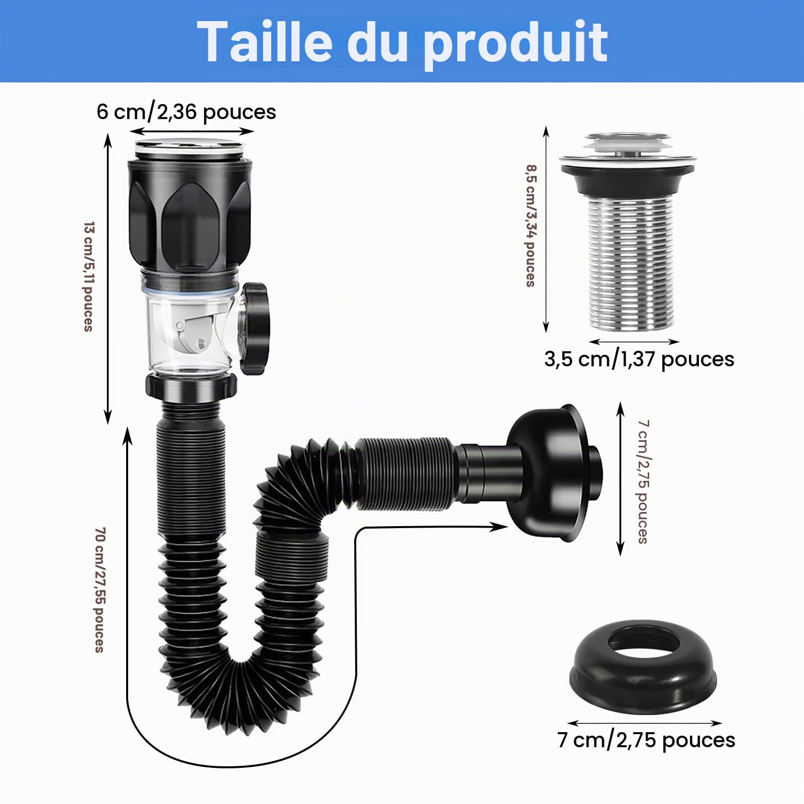 Kit de Égouttoir de Bonde de Lavabo Universel Égouttoir Siphon Lavabo avec Tuyau de Vidange Flexible Rétractable et Bouchon Dévier À Filtre Pop-up Kit de Vidange D'Évier pour Salle de Bain Cuisine