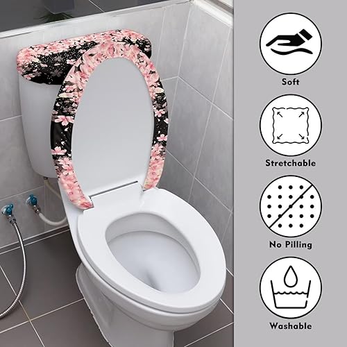 Miniatura 3 de Gomyblomy Funda de inodoro con diseño de flores de cerezo, protector de asiento de inodoro de moda para mujer, cubierta universal para tanque de
