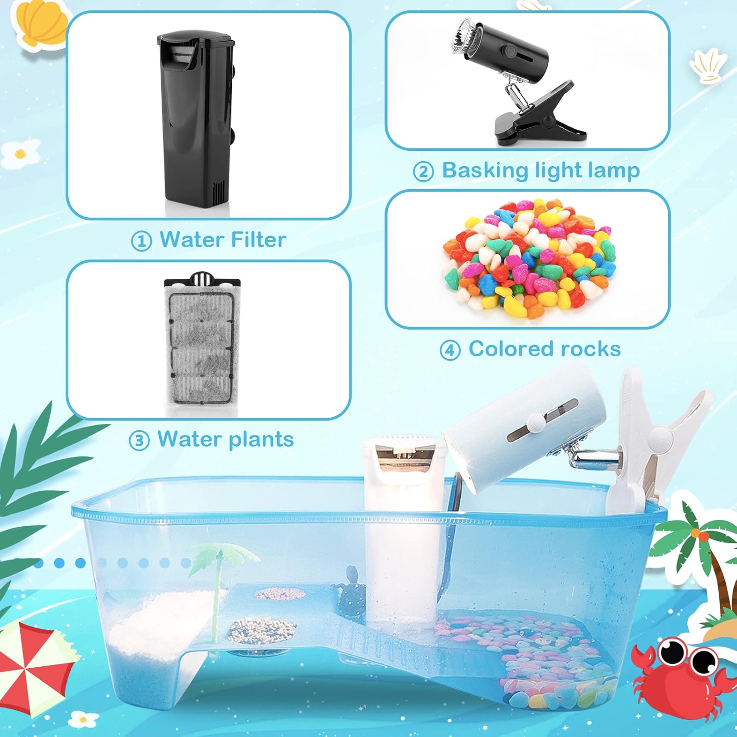 Turtle Tank with Multi-Function Areas, Easy Assembly, Ideal for Small Turtles & Reptiles, Includes Plastic Tree & Fishing Net