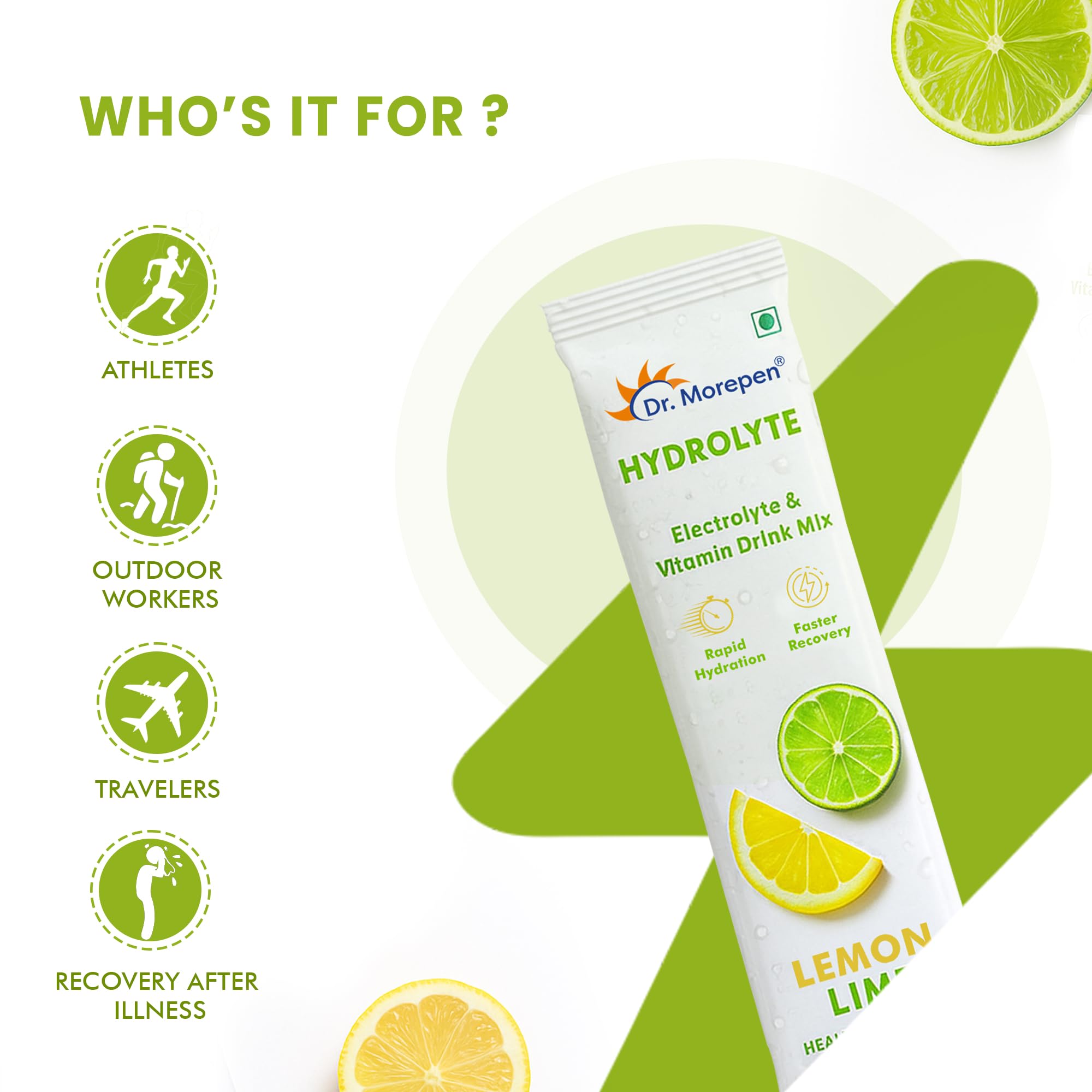 Dr. Morepen Hydrolyte Electrolyte & Vitamin Drink Mix for Rapid Hydration & Faster Recovery, Lemon Lime Flavour – 10 Sachets (8.8g Each) — Amazon image 6