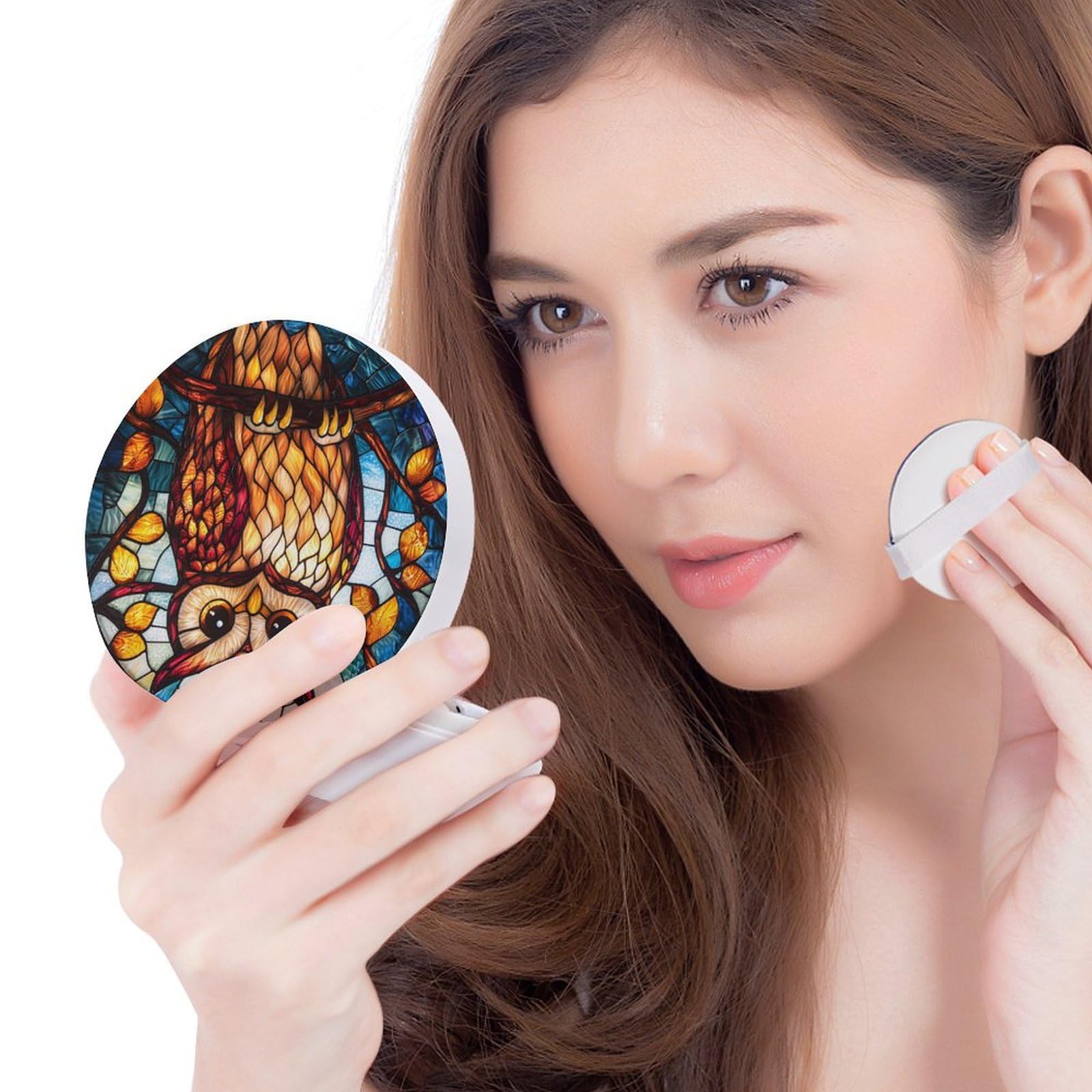 Hayyett Cute Owl Stained Glass Air Cushion Puff Box Portable Cosmetic Makeup Case Container,Loose Powder Foundation Container