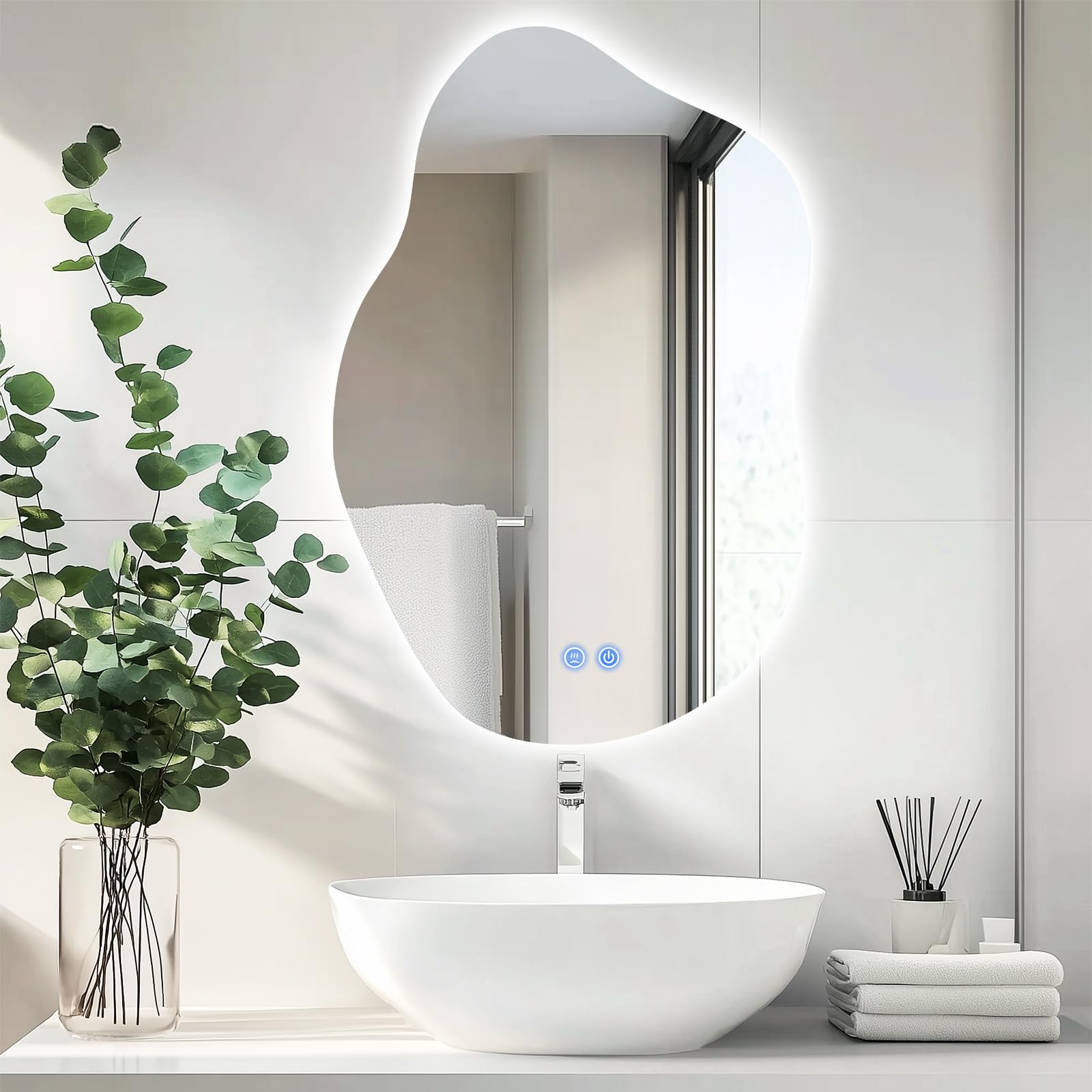ColdShine LED Badspiegel Asymmetrisch mit Beleuchtung Wandspiegel 80 * 55cm | 3 Lichtfarben, Dimmbar, Anti-Beschlag, Moderner Silber fürs Badezimmer mit Touch-Sensor