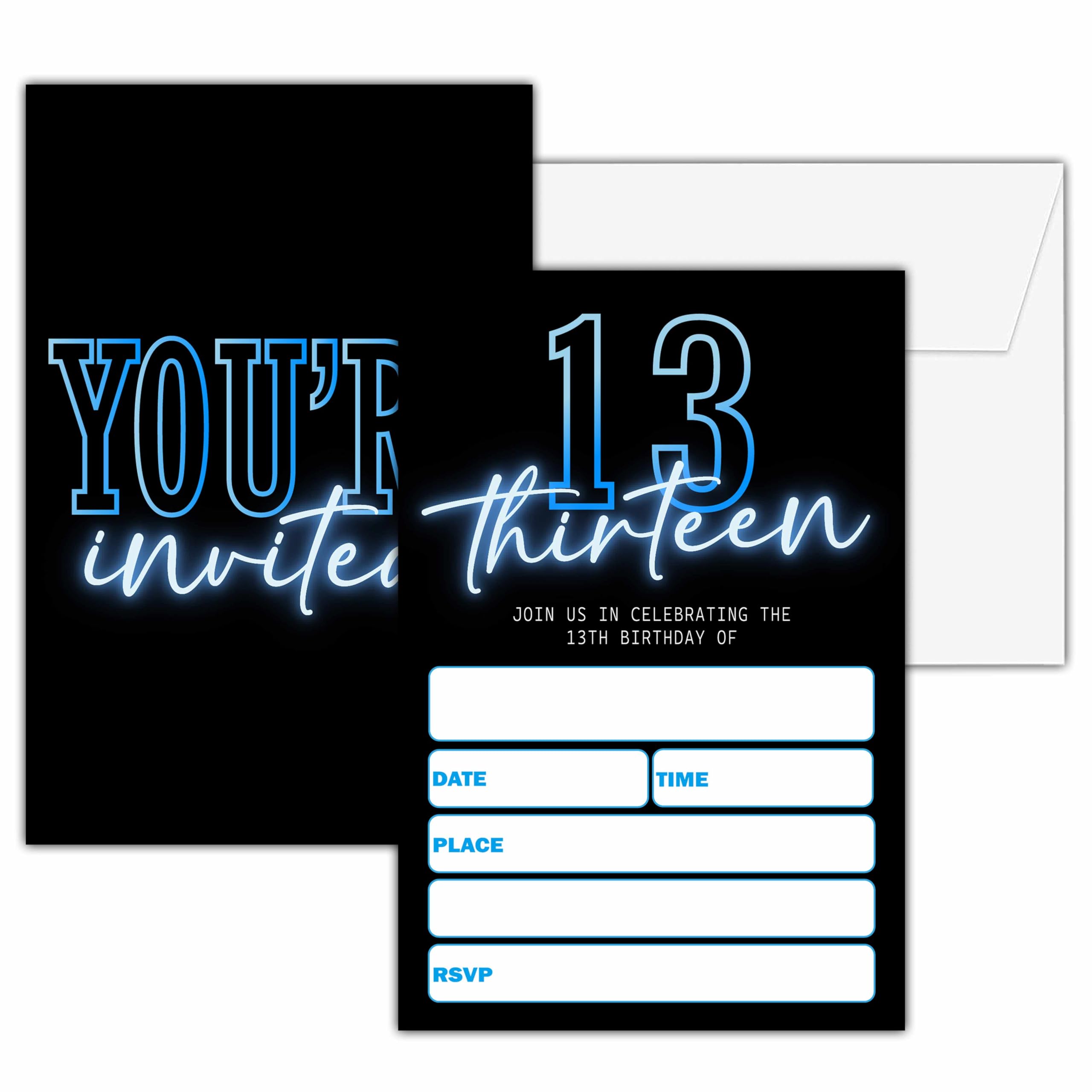 seclate Neon 13th Birthday Invitations for Boys, 25 Double-Sided Invitation Cards with 25 Envelopes, Black and Blue Party Decoration Supplies - D05