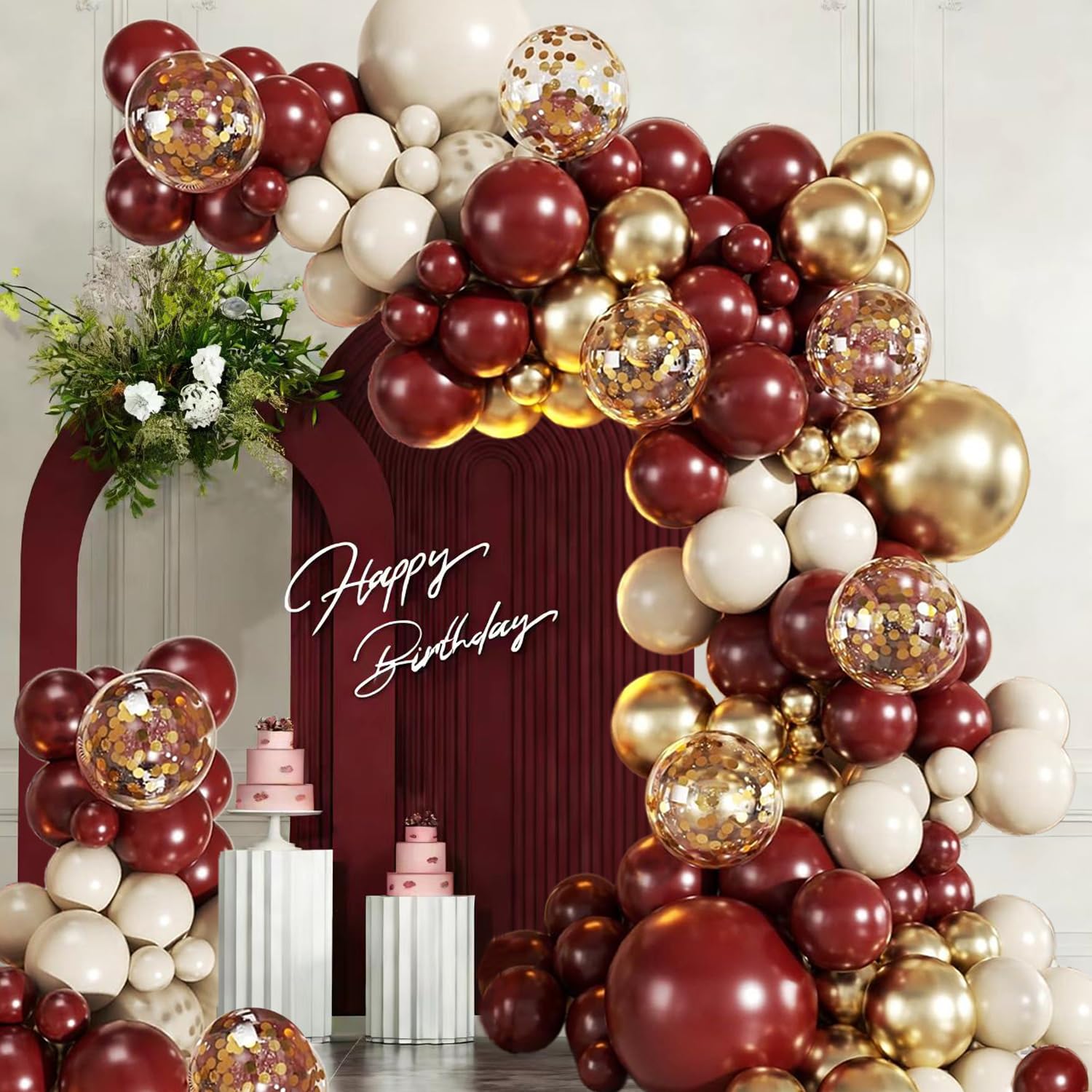 Burgundy Gold Balloon Arch Kit, 109Pcs Wine Red Balloon Garland with Beige and Gold Confetti Latex Balloons, Burgundy Bachelorette Party Decorations for Valentines Day Wedding Birthday Anniversary — image 1