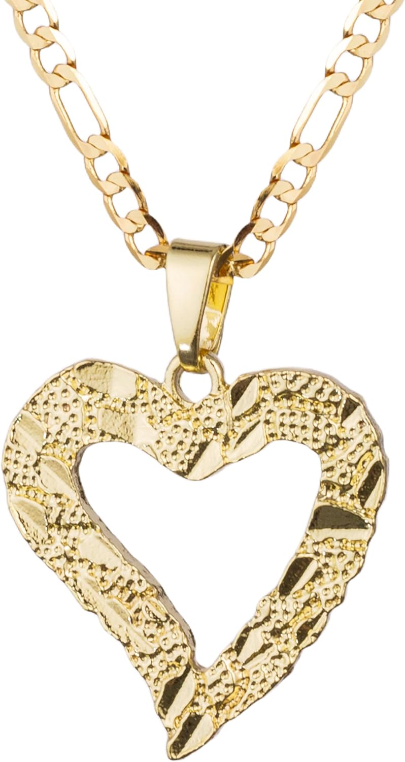 Nugget Heart Pendant Necklace for Women 14K White Gold Plated Hollowed Diamond-cut Heart Charm Figaro Chain Minimalist Jewelry