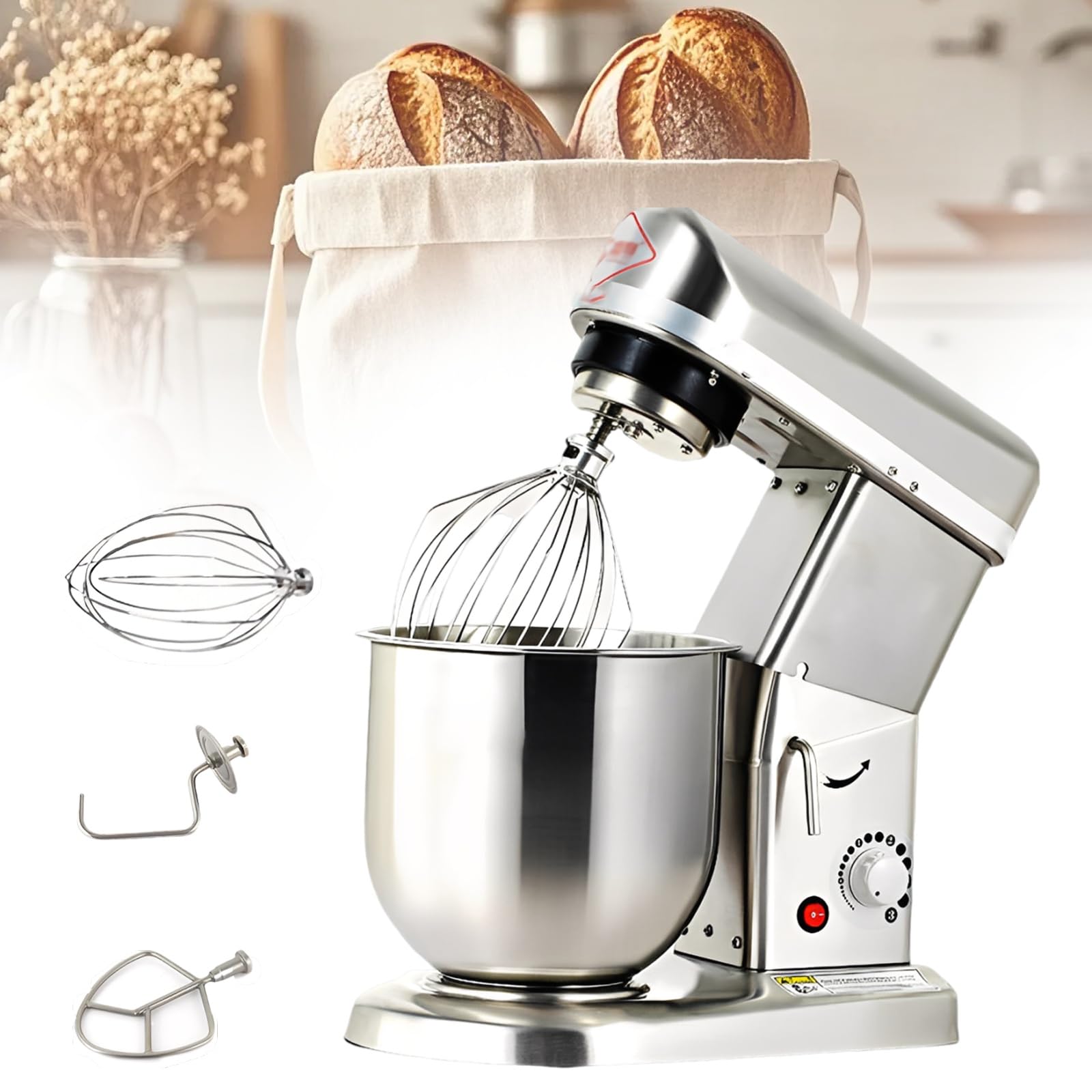 Frullatore elettrico da banco Frullatore planetario in acciaio inox Pasticceria pizza Frullatore a spirale, 5L/7L/10L Frullatore vertical per negozio di dolci, pasticceria, pizzeria, ristorante(7L)