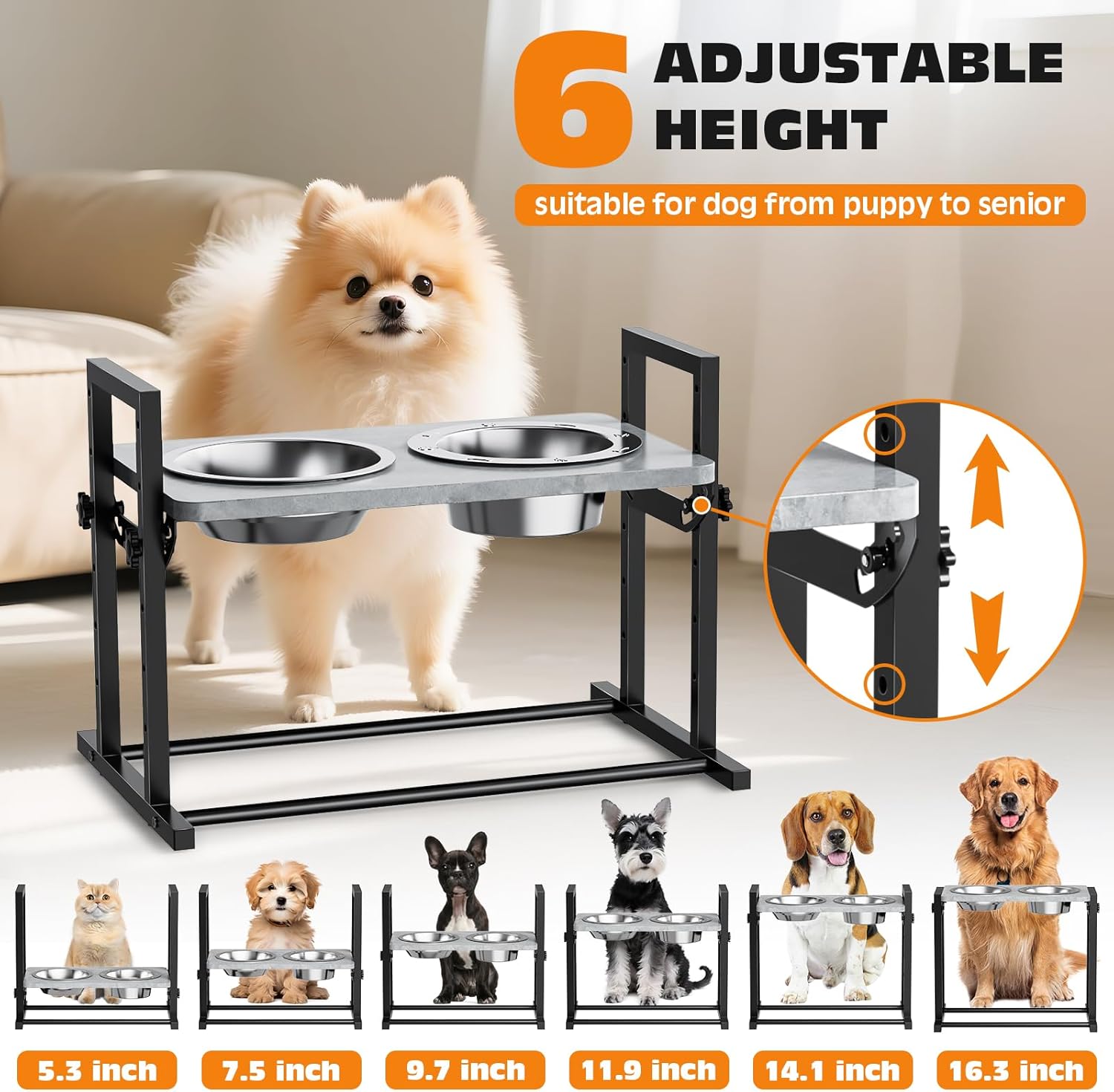 Elevated Dog Bowls for Dogs, 6 Heights Adjustable Raised Dog Bowl with Slow Feeder - 3 Stainless Steel Bowl, Tiltable Non-Slip Feeding Bowls with Metal Stand