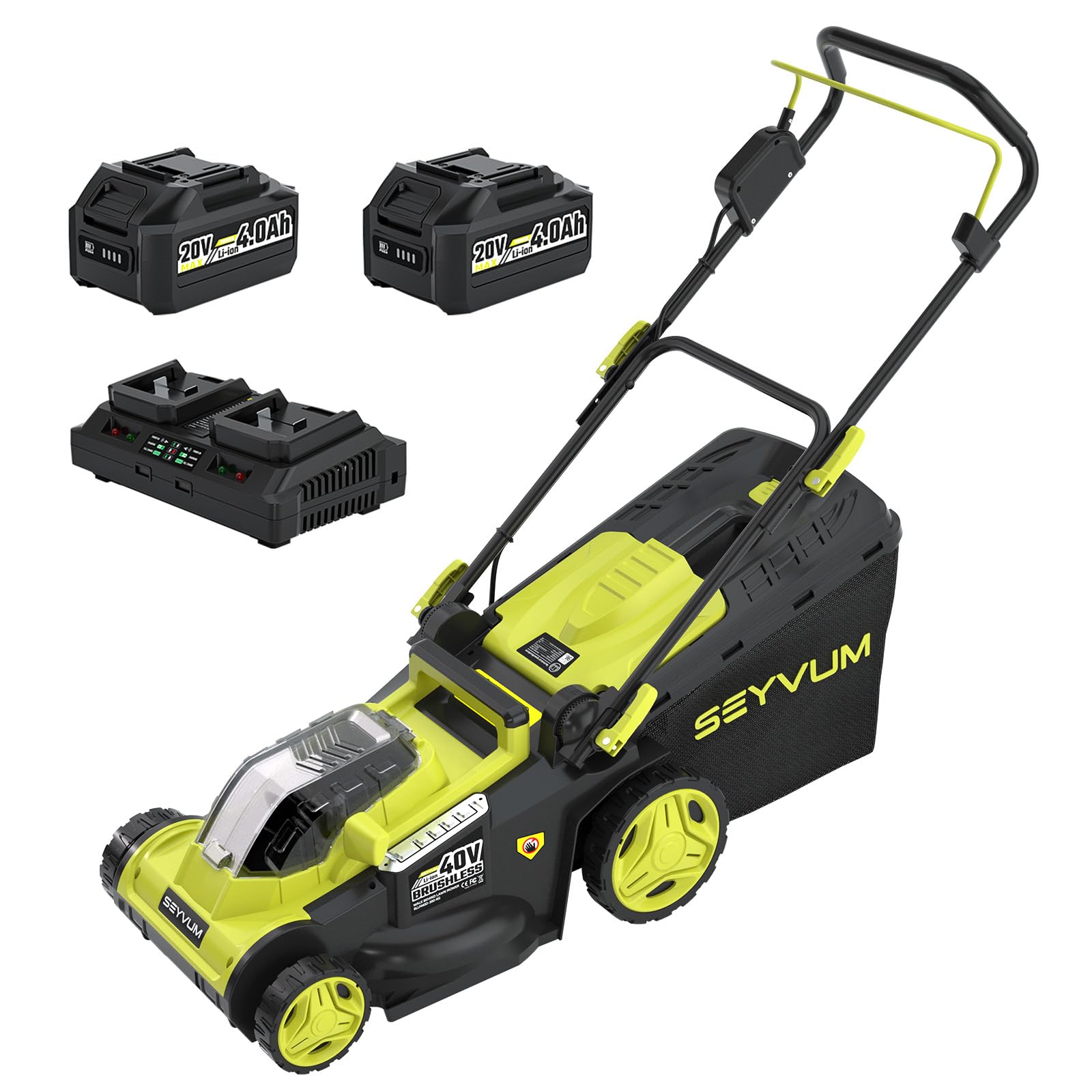 40V Cordless Lawnmower with 2x4Ah Batteries and charger,16''/40cm