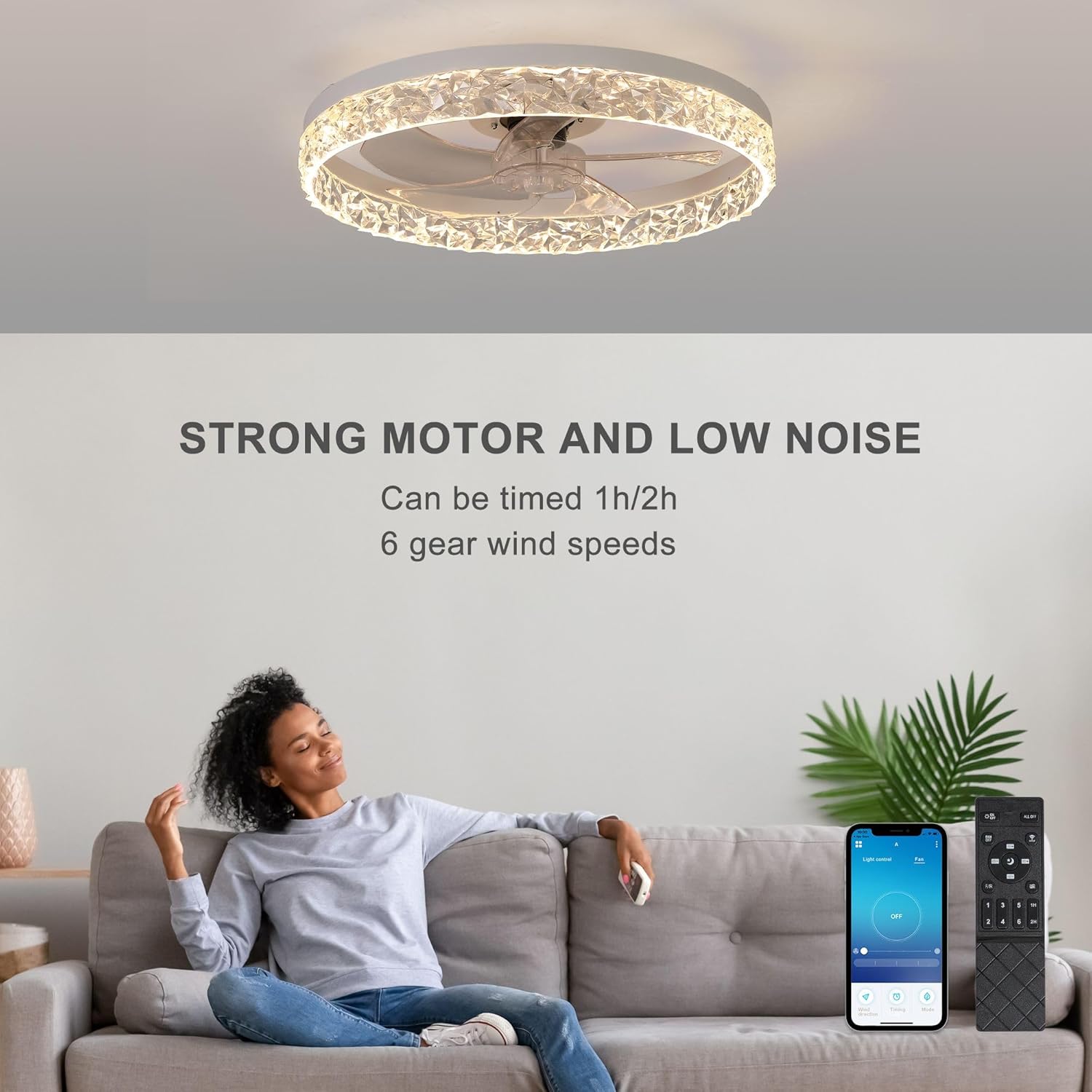 HomeLava 19.7in Ceiling Fans with Lights, Modern Low Profile Ceiling Fan and Remote, Stepless Color Temperature Change 6 Speeds and Timer1/2H Smart Bladeless Ceiling Fan for Bedroom Kids Room