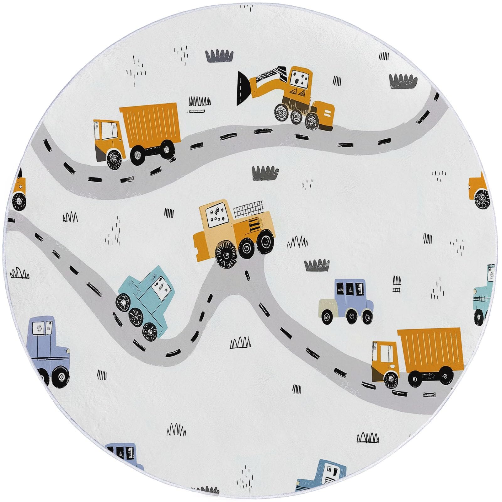 Tappeto Rotondo Salotto, Modello Cartone Animato Camion Da Costruzione Strada Tappetini antiscivolo circolari e morbidi, Tappeto Rotondo per Cameretta Cucina Casa Zona Balcone Tavolino (Bianco, 120cm)