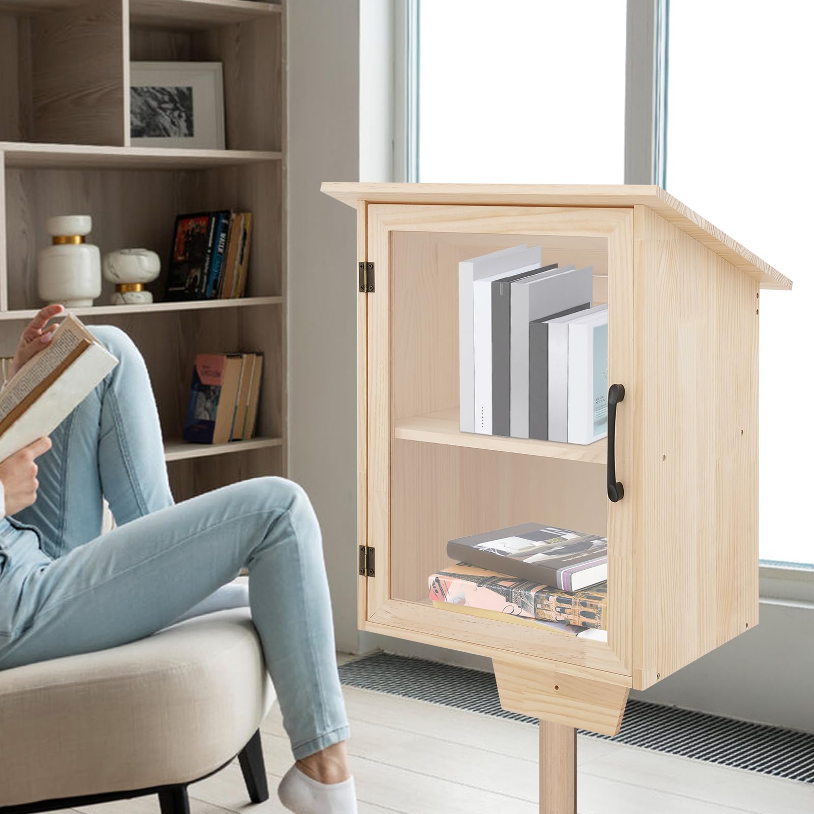 Estantería de madera de 2 niveles para libros al aire libre, armario de almacenamiento, almacenamiento de libros, ventana transparente, para salones, bibliotecas, escuelas y jardines