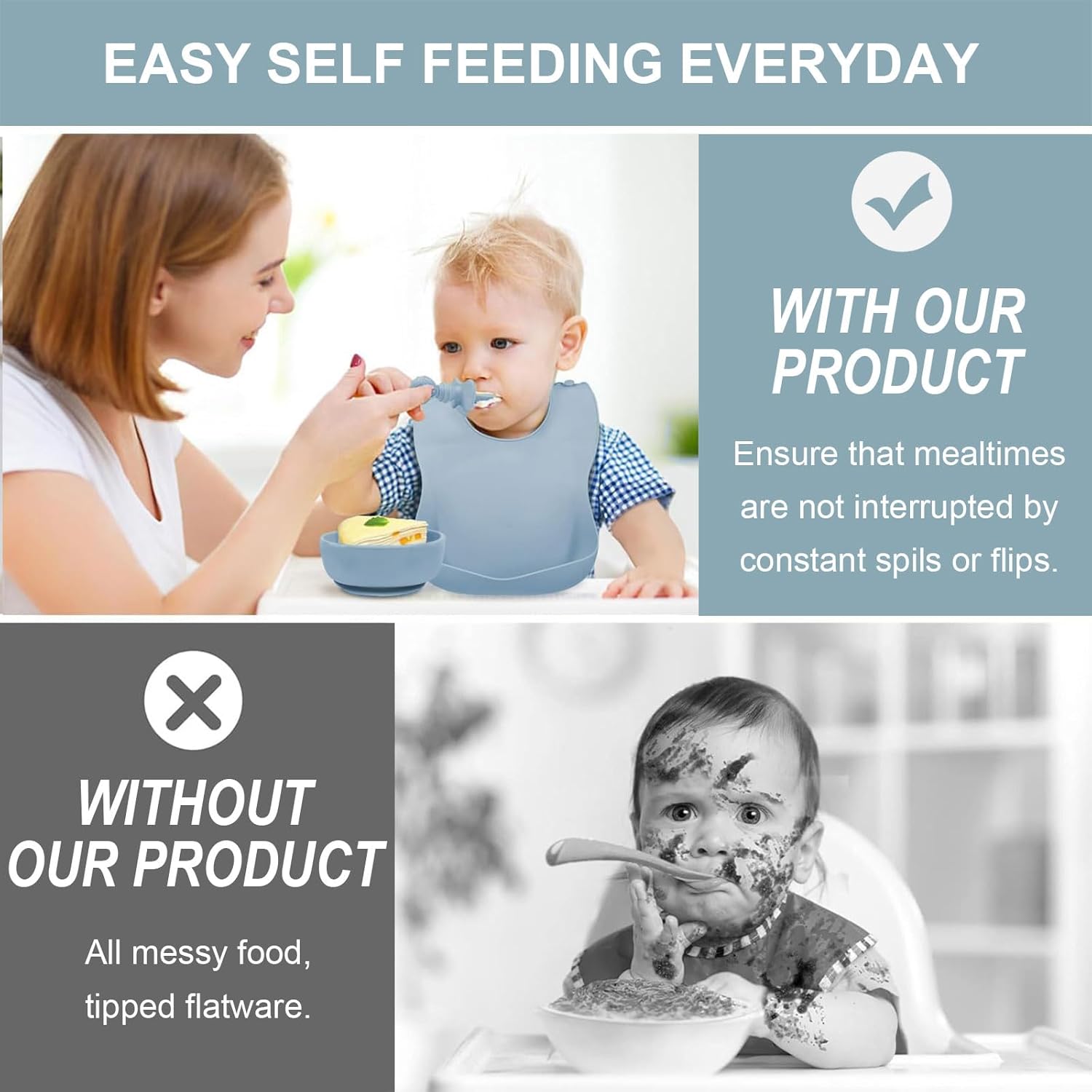Silicone Baby Feeding Set, Fzyoayzm 8pcs Baby Led Weaning Supplies With Suction Bowl Divided Plate, Toddler Led Weaning Self Feeding Utensils Dish Set with Spoons Forks Sippy Cup Bib BPA-Free