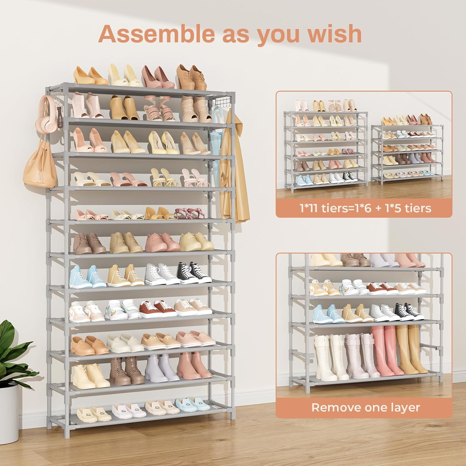 11 Tiers Tall Wide Shoe Rack 55 Pairs Large Capacity Sturdy Durable Shoe Rack for Closet Metal Shoe Organizer Shelf with Two Hooks Space Saving for Entryway Grey