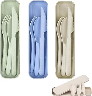 Travel Cutlery, 3 Pcs Travel Cutlery Set, Portable Camping Cutlery Set Unbreakable&Reusable Cutlery Set for Travel Work School Picnic Camping BBQ Or Daily Use, Eco Friendly(Beige Blue Green)