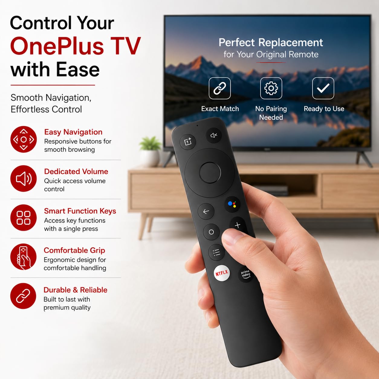 K2 Remote Compatible for OnePlus Smart TV – Replacement for U1S, Y1S, Y1S Edge & Y1S Pro 4K UHD Android TVs | Non Voice Control | 1 Year Warranty | Exact Match Required — Amazon image 5