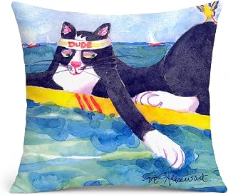 Caroline's Treasures 6051PW1414 Black and White Cat Surfin Bird Fabric Decorative Pillow Machine Washable, Indoor Outdoor Decorative Pillow for Couch, Bed or Patio, 14Hx14W | Black and white Cat Surfin Bird Artwork printed on water-resistant polyester canvas for colorful indoor or outdoor decor