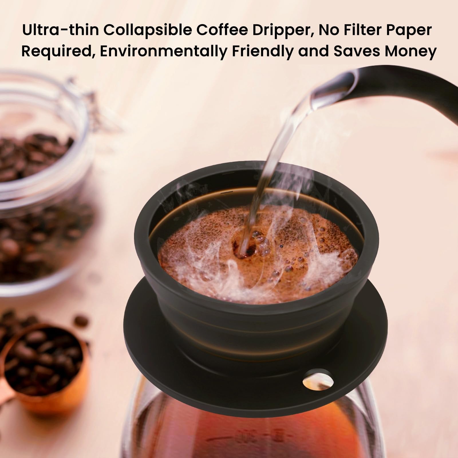 DOFQQG Paperless Collapsible Pour Over Coffee Dripper, Travel Pour Over Coffee Maker Camping with Reusable Metal Filter, Silicone Collapsible coffee filter, Single Cup Coffee Strainer Pour Over Black