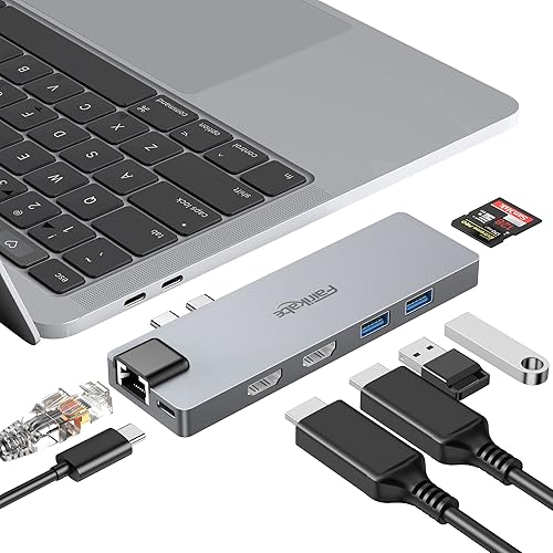 Adaptador multipuerto USB C Hub para MacBook Pro 201920182017, adaptador USB C a HDMI dual 8 en 1 4K 60Hz, Ethernet de 1 Gbps, lector de tarjetas
