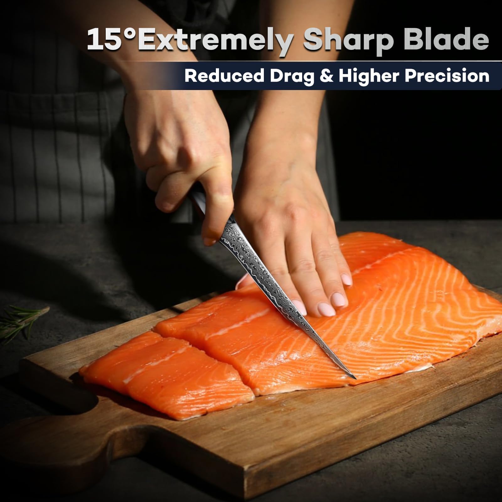 DRAGON RIOT Filetiermesser Fisch - Profi Fischmesser, Scharf Damastmesser mit Ergonomischer Griff, Japanisches Ausbeinmesser mit Flexibler Klinge, Damaststahl Filetiermesser