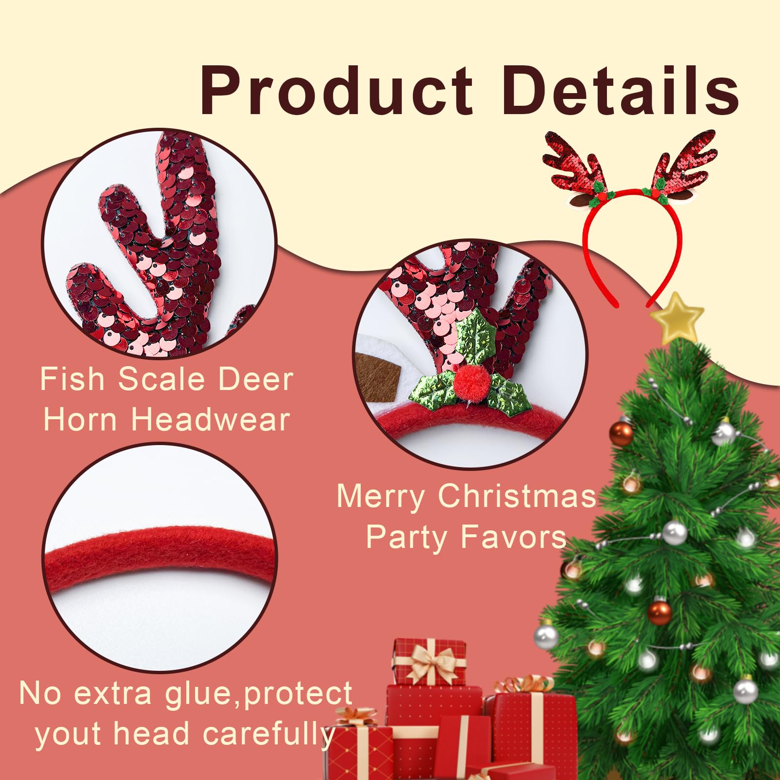 iwiio Christmas Headbands for Adults Glitter Sequin Fish Scale Deer Horn Headwear, Red Green Christmas Hair Bands - Image 3