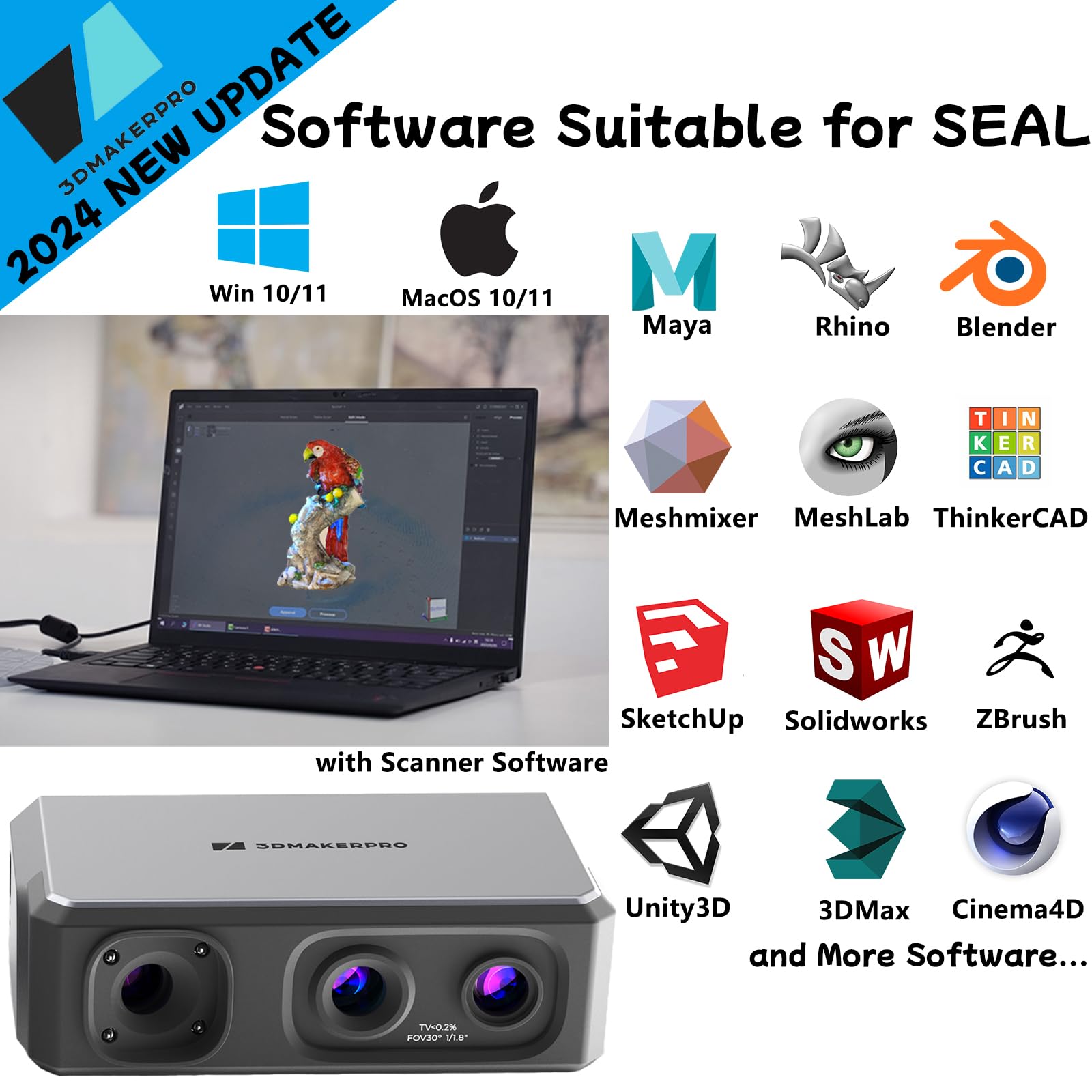 3DMakerpro Seal Vivid Textures 3D Scanner for 3D Printing - with