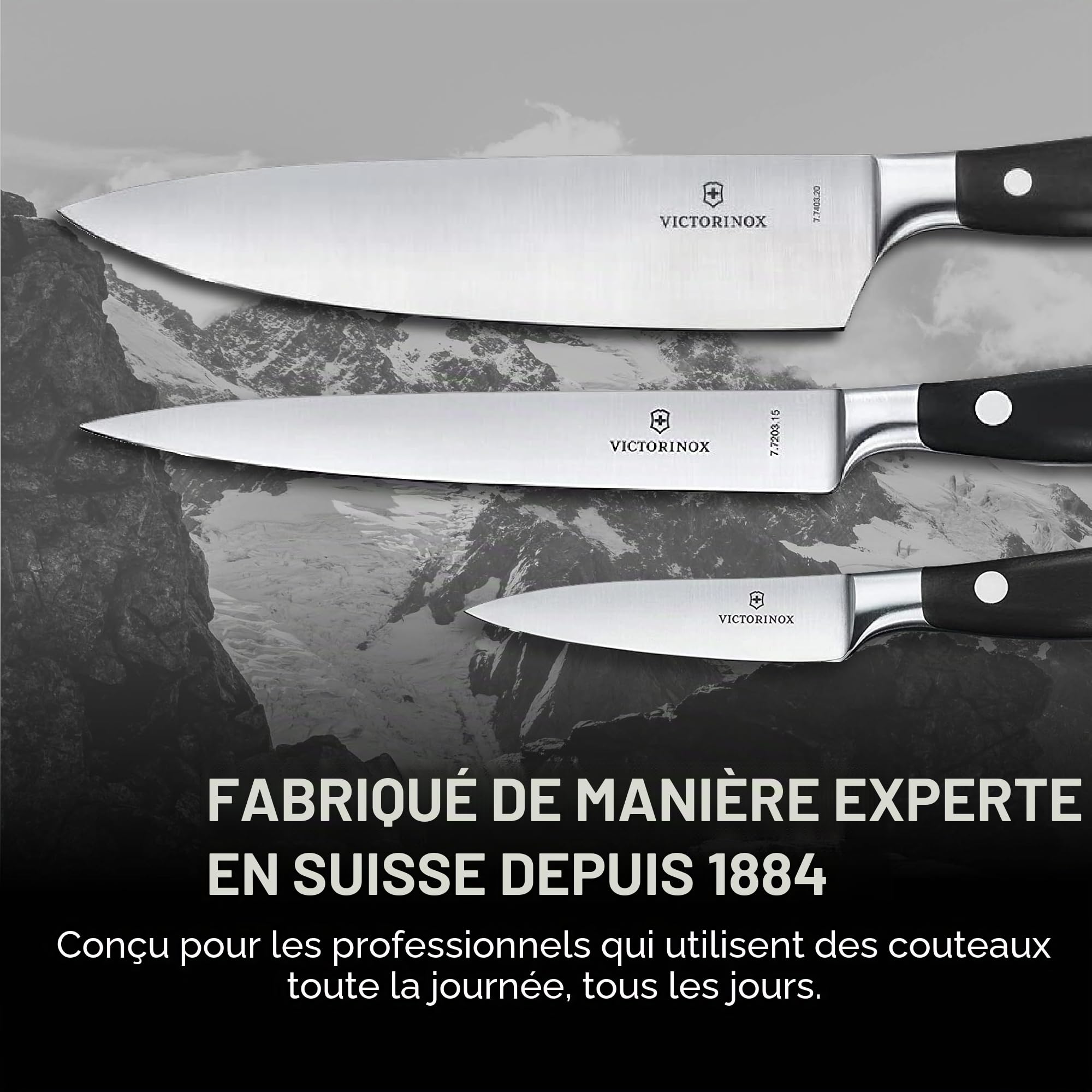 Victorinox Grand Maître, Set de cuisine professionnel, 3 pièces, tranchant droit, extra tranchant, manche plastique robuste, noir