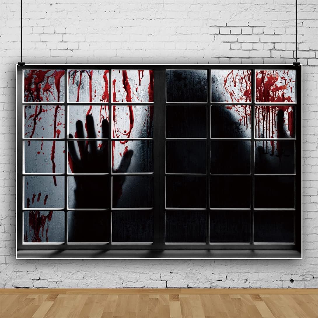 Renaiss 7x5ft Bloody Halloween Backdrop Ghost Shadow Dripping Blood Photography Background Bloody Window Nightmare Horror Party Decor Banner Kids Adults Creepy Photo Booth Props