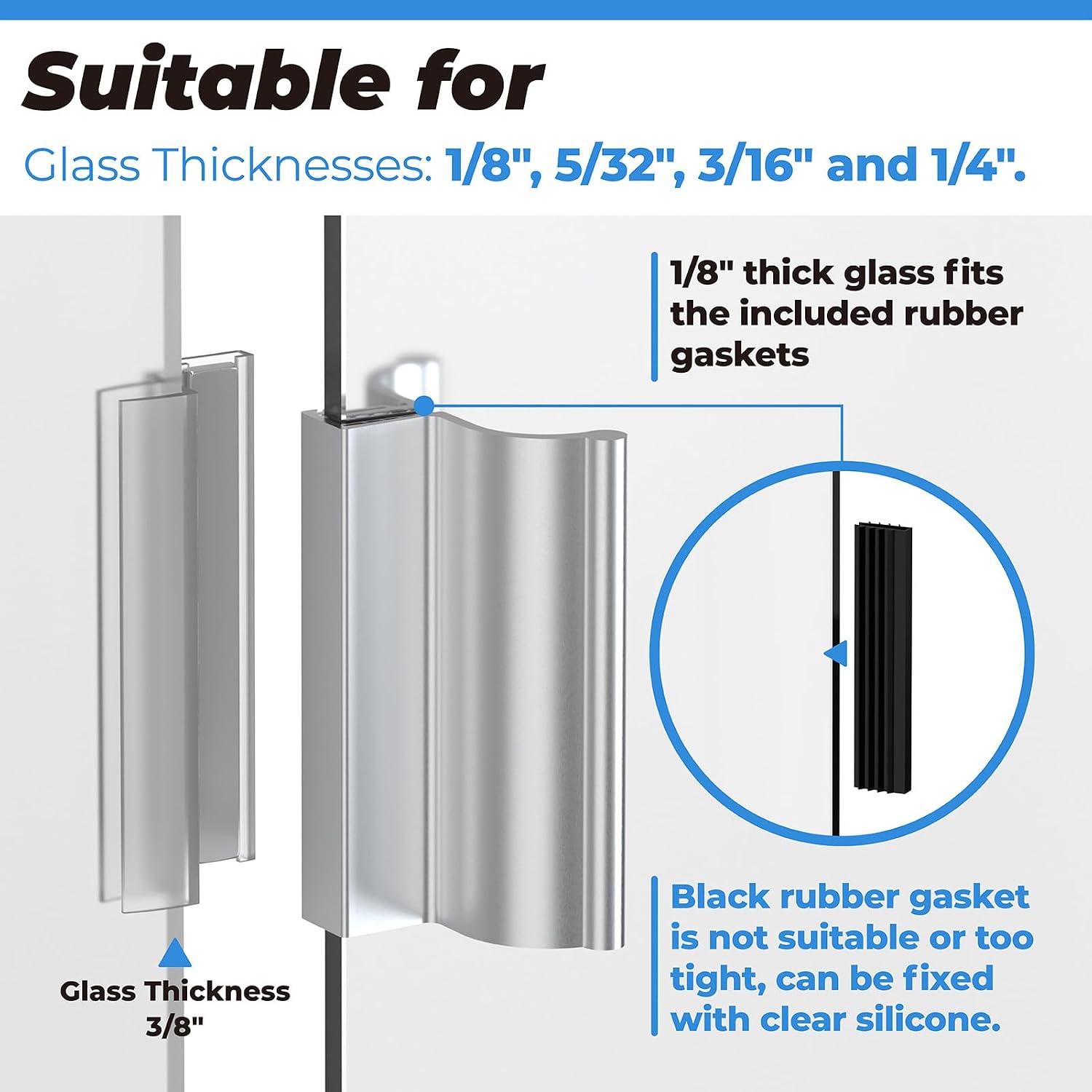 3" Chrome Frameless Shower Door Handle with Metal Strike, U Channel Door Frame with Clear Polycarbonate & Magnet for 1/8" 3/8" 5/32" 3/16" and 1/4" Thick Glass Shower Door,Frame&Frameless Shower Doors