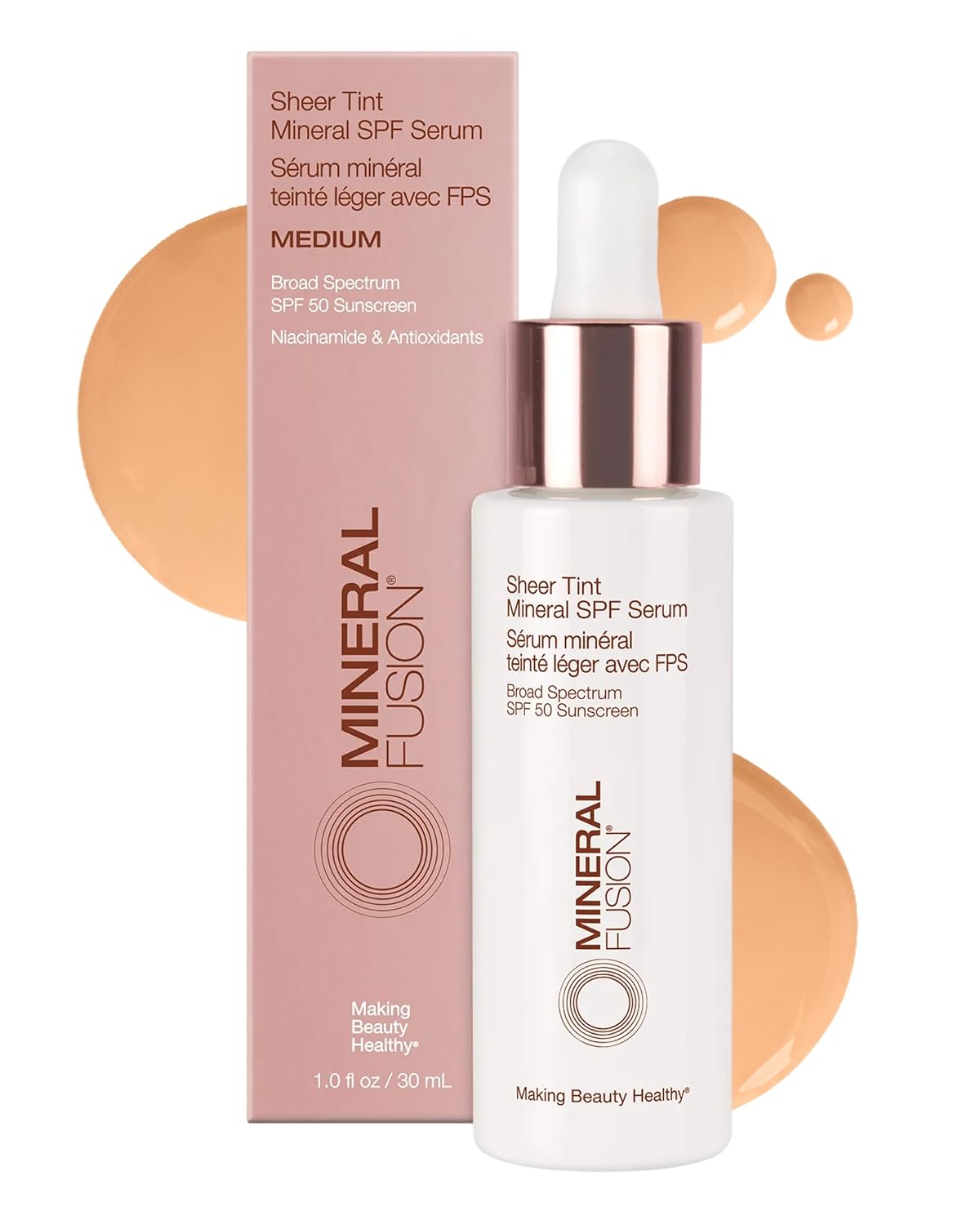 Mineral Fusion Sheer Tint SPF Face Serum (Medium) - Tinted Broad Spectrum SPF 50 Mineral Zinc Oxide Sunscreen - Sheer Coverage Makeup, Lightweight & Dewy Finish - With Niacinamide, Aloe Vera - 1 Fl Oz